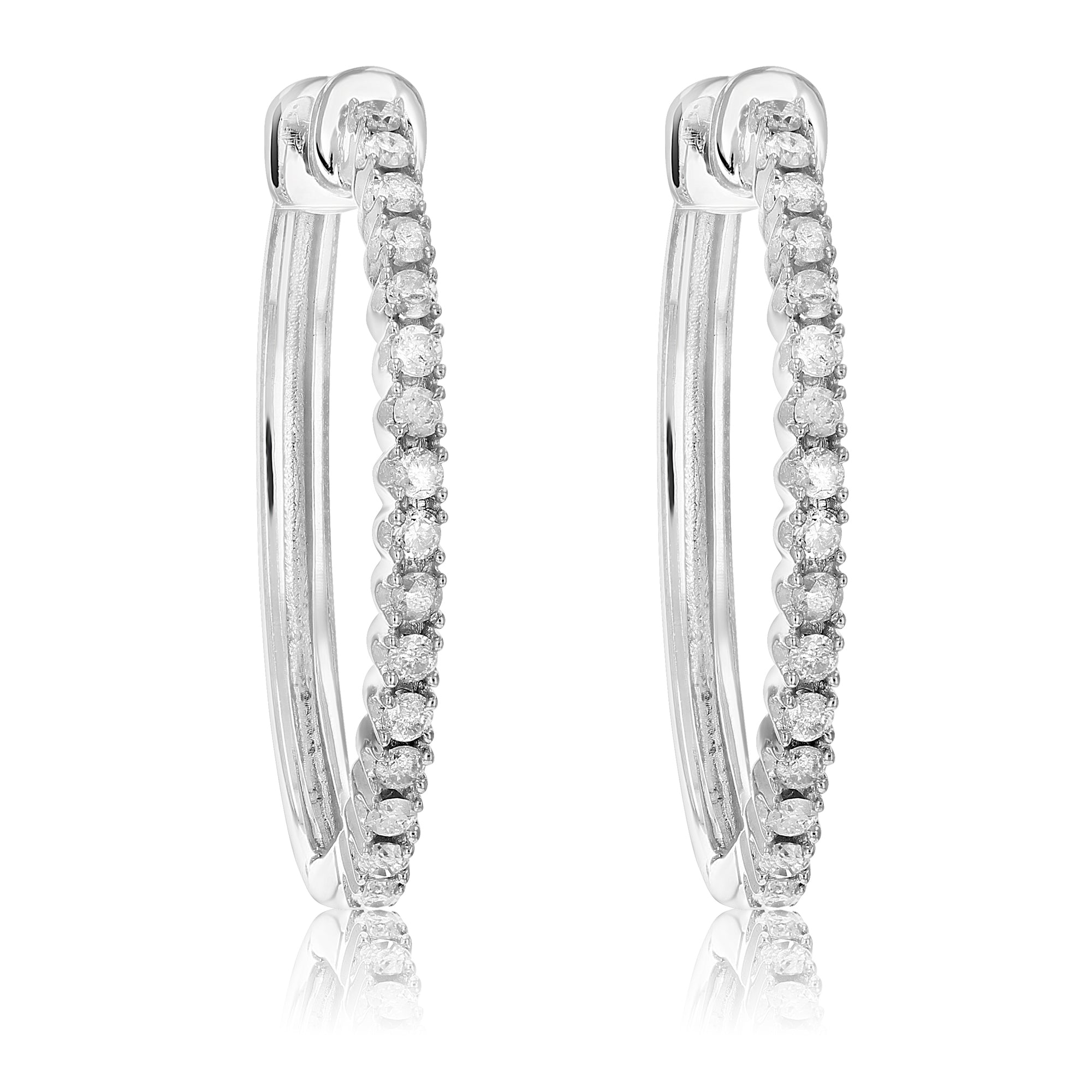 1/4 cttw Diamond Hoop Earrings .925 Sterling Silver 30 Stones Dangle 3/4 Inch