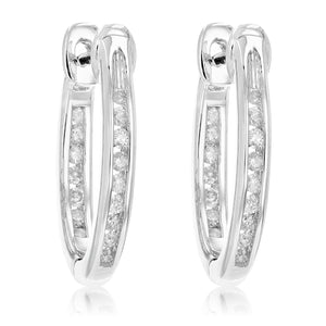 1/5 cttw Inside Out Diamond Hoop Earrings .925 Sterling Silver 32 Stones 1/2 Inch