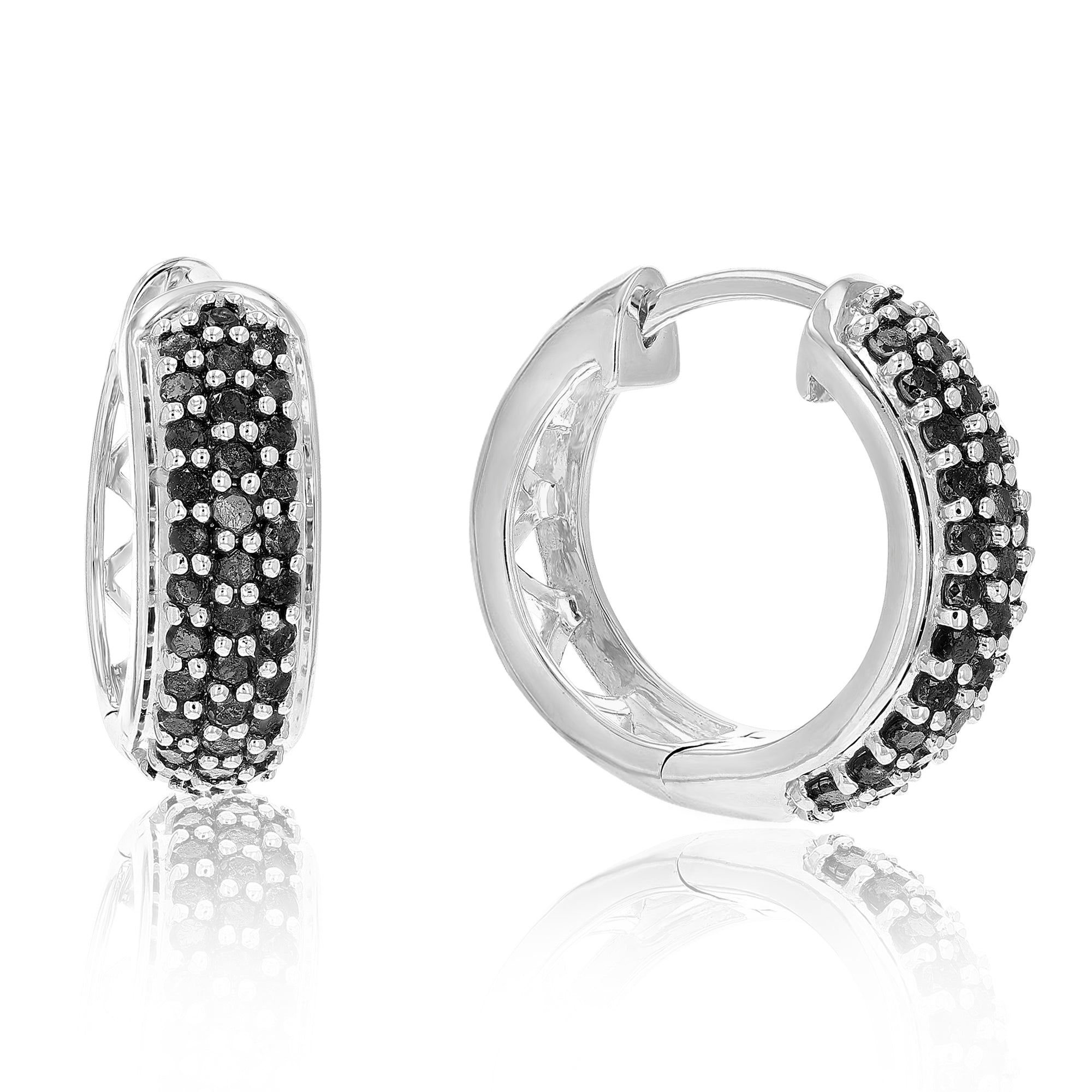 1 cttw Black Diamond Hoop Earrings .925 Sterling Silver Three Row Round 3/4 Inch