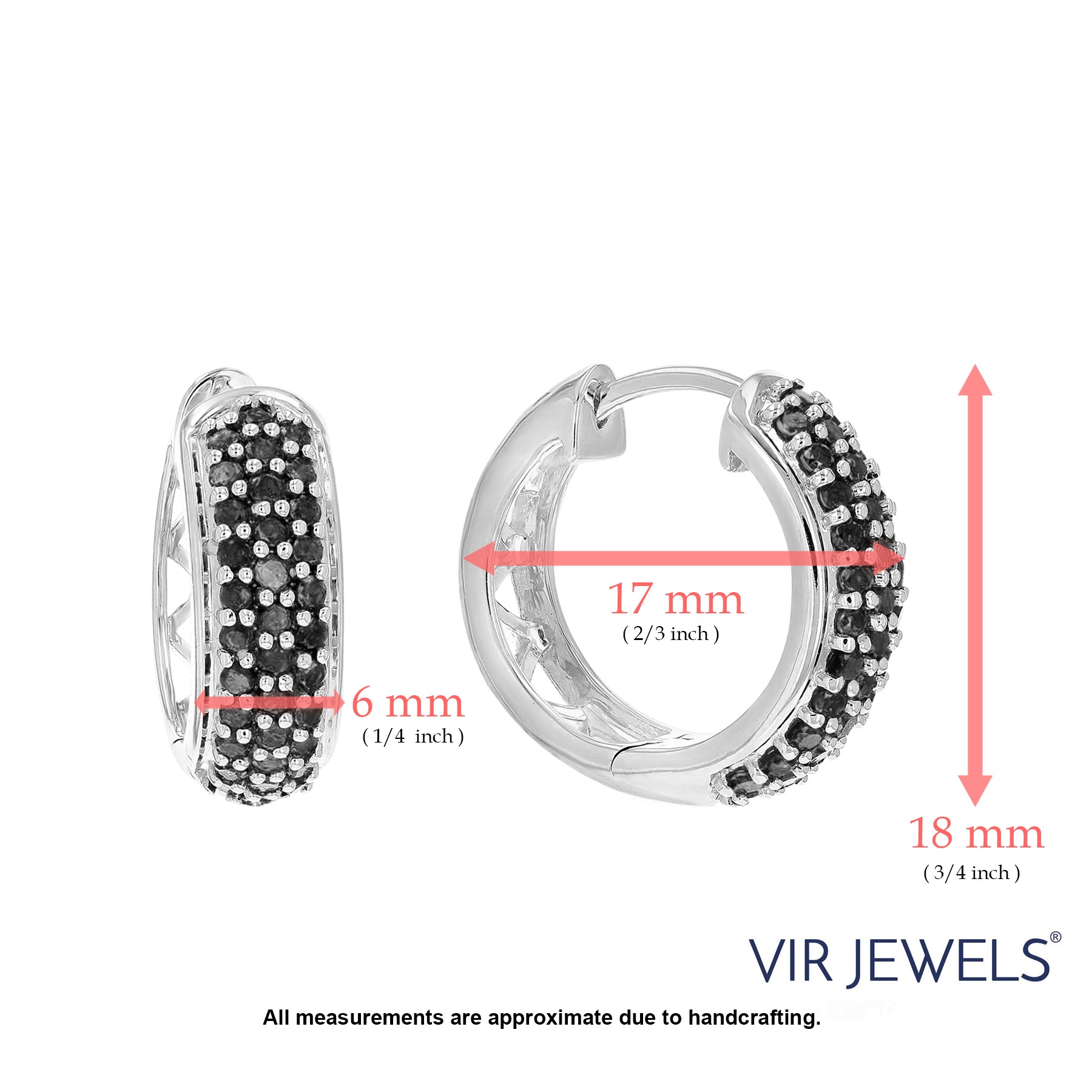 1 cttw Black Diamond Hoop Earrings .925 Sterling Silver Three Row Round 3/4 Inch
