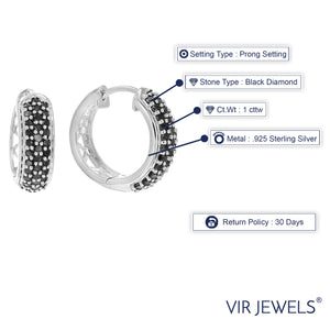 1 cttw Black Diamond Hoop Earrings .925 Sterling Silver Three Row Round 3/4 Inch