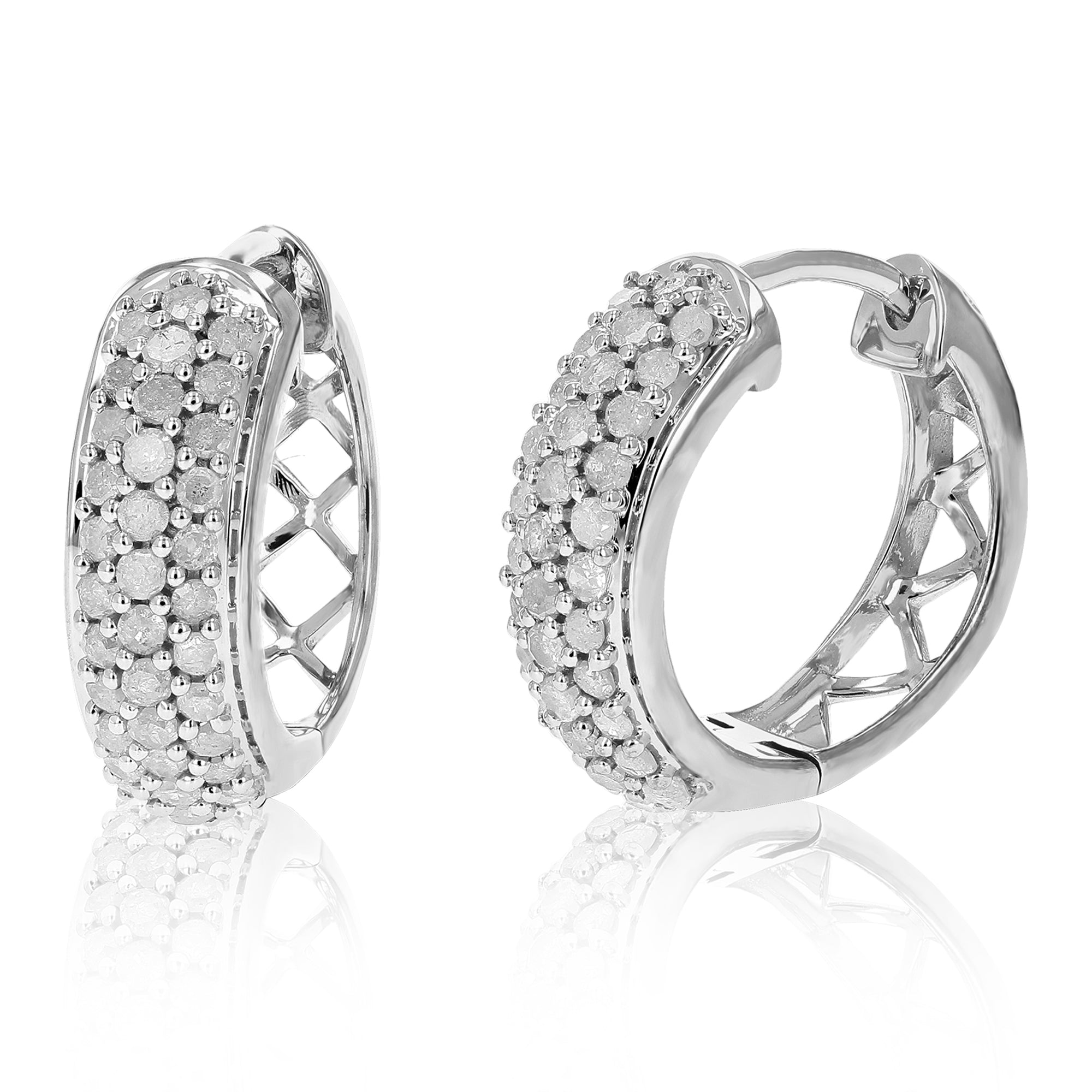 1 cttw Diamond Hoop Earrings .925 Sterling Silver Three Row Round 3/4 Inch