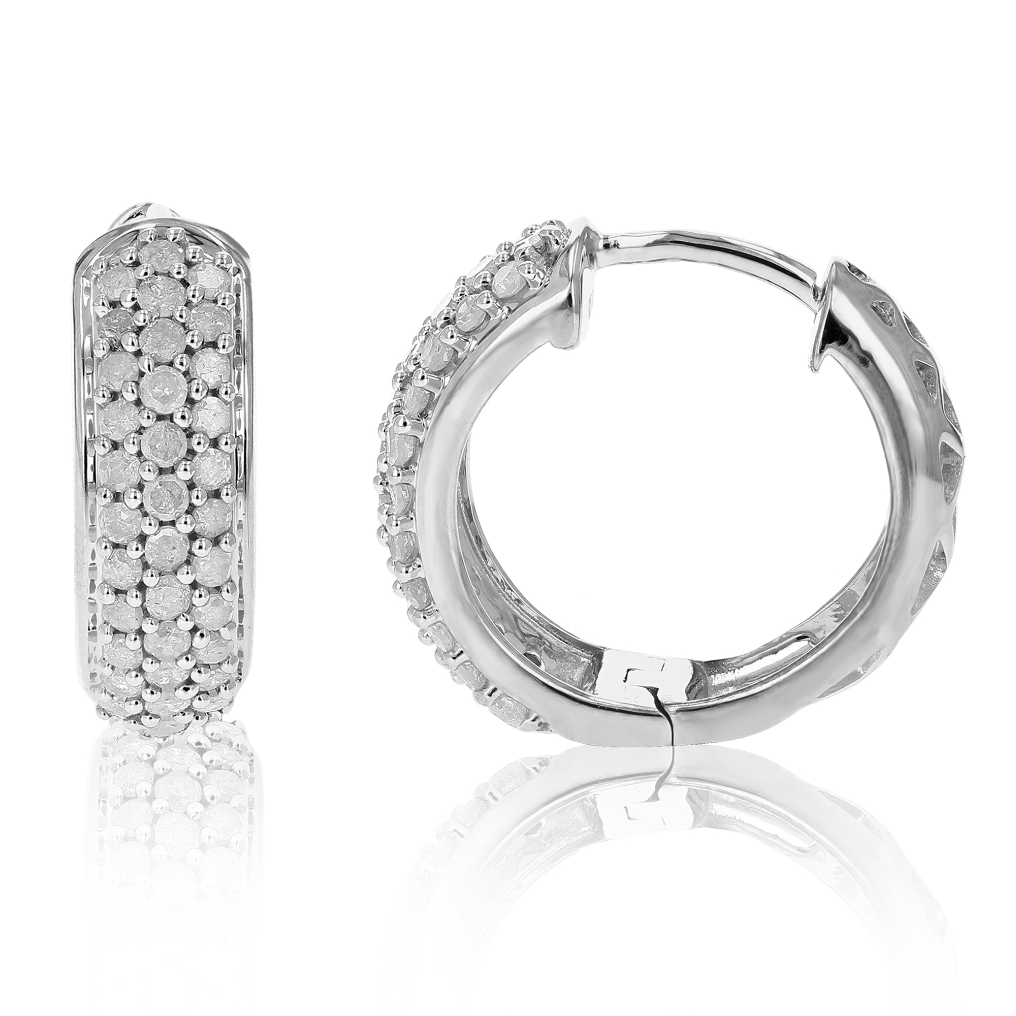 1 cttw Diamond Hoop Earrings .925 Sterling Silver Three Row Round 3/4 Inch