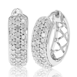 1 cttw Diamond Hoop Earrings .925 Sterling Silver Three Row Round 3/4 Inch