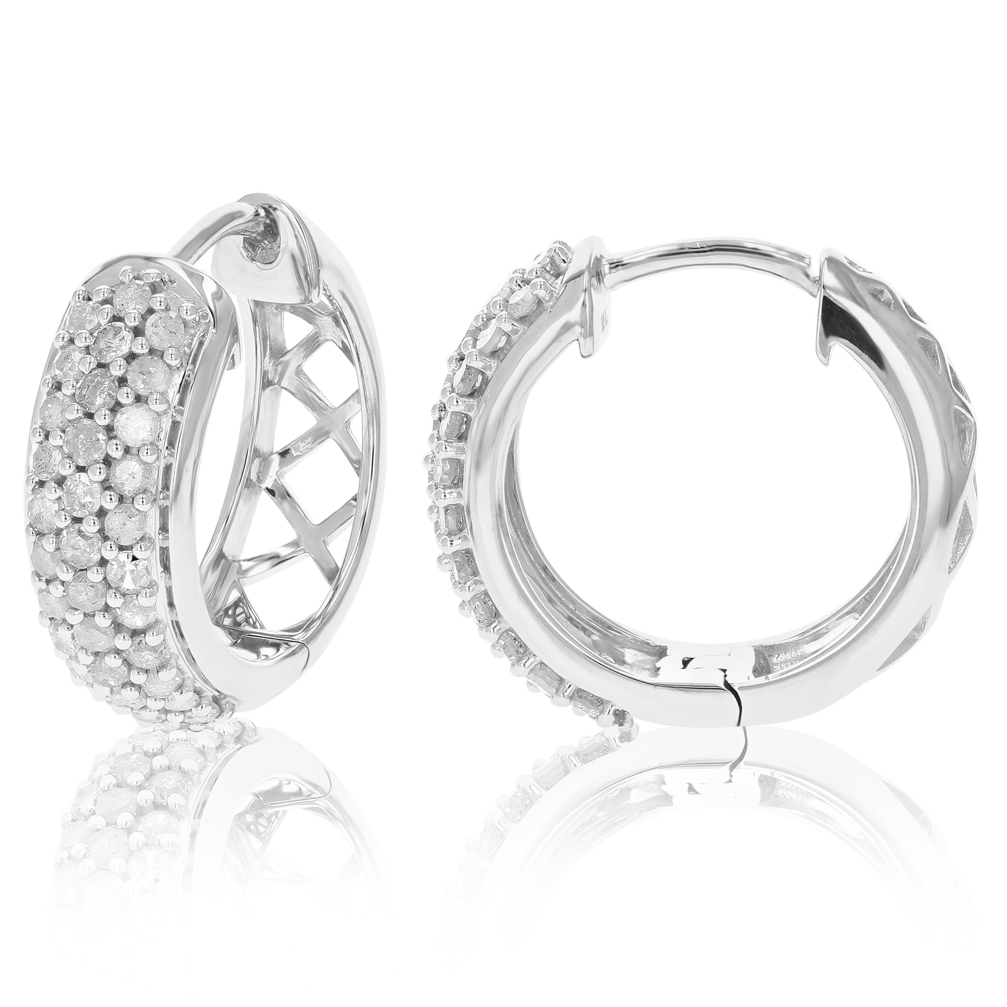 1 cttw Diamond Hoop Earrings .925 Sterling Silver Three Row Round 3/4 Inch