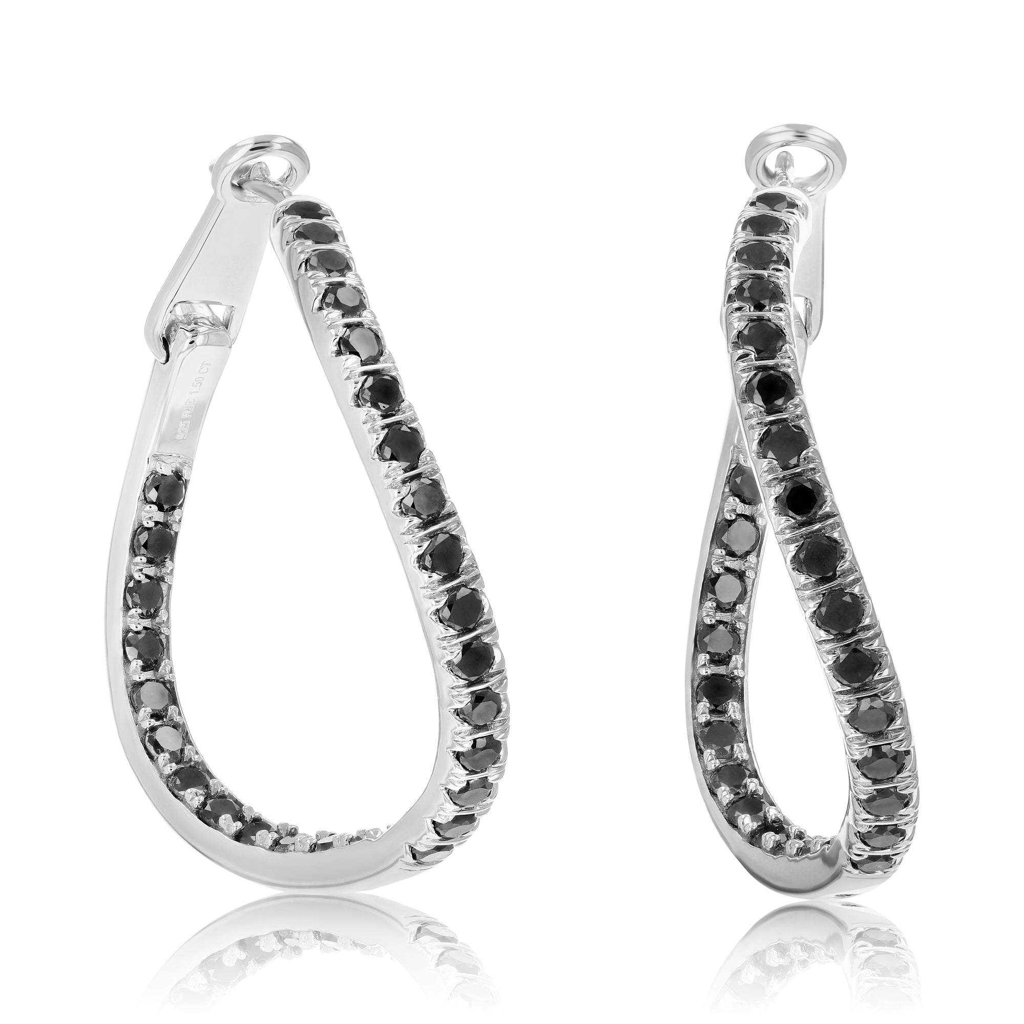 1.50 cttw Black Diamond Hoop Earrings in .925 Sterling Silver Twist 1.25 Inch