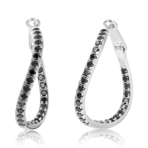 1.50 cttw Black Diamond Hoop Earrings in .925 Sterling Silver Twist 1.25 Inch