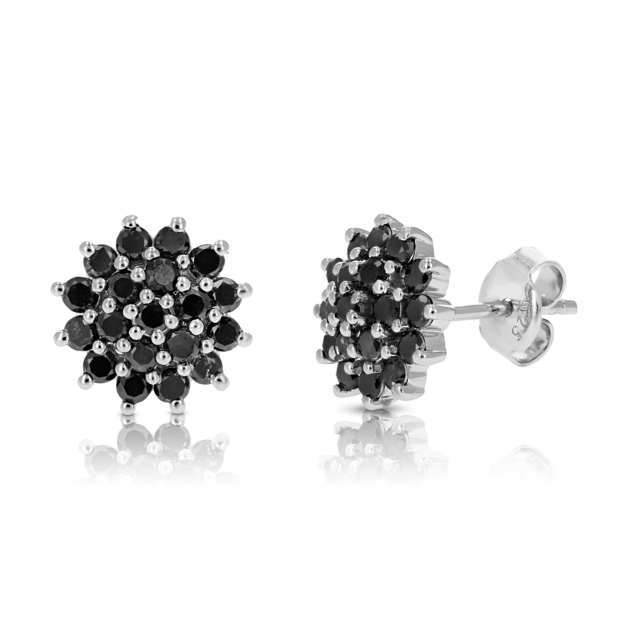 1 cttw Black Diamond Stud Earrings .925 Sterling Silver Push Backs Round Cluster