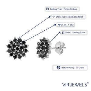 1 cttw Black Diamond Stud Earrings .925 Sterling Silver Push Backs Round Cluster