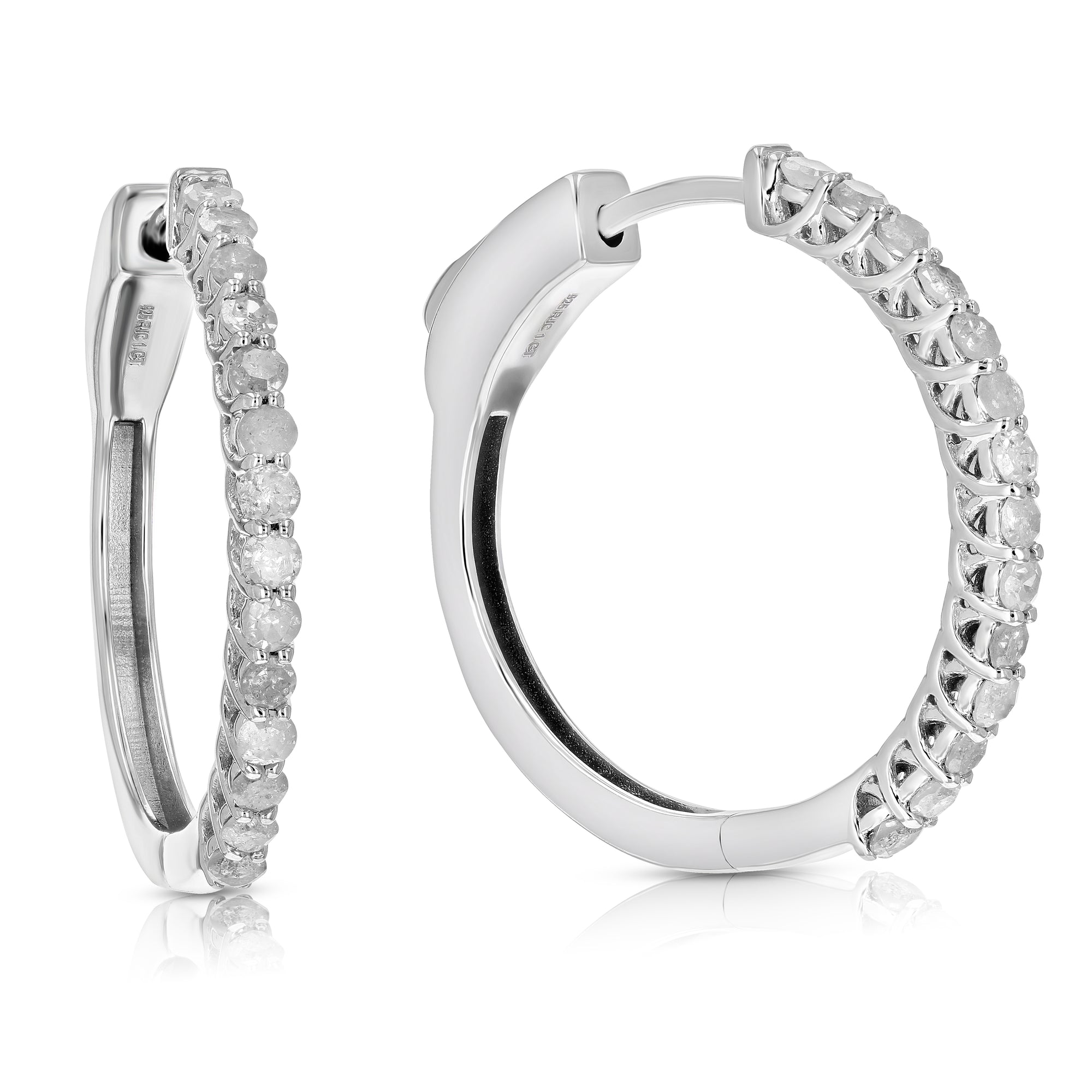 1/2 cttw Diamond Hoop Earrings .925 Sterling Silver 32 Stones Dangle 3/4 Inch