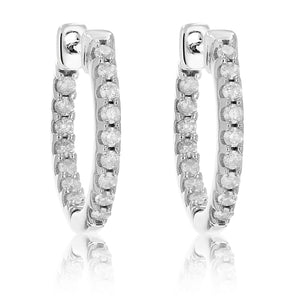 1/5 cttw Inside Out Diamond Hoop Earrings .925 Sterling Silver 32 Stones 1/2 Inch Prong Set