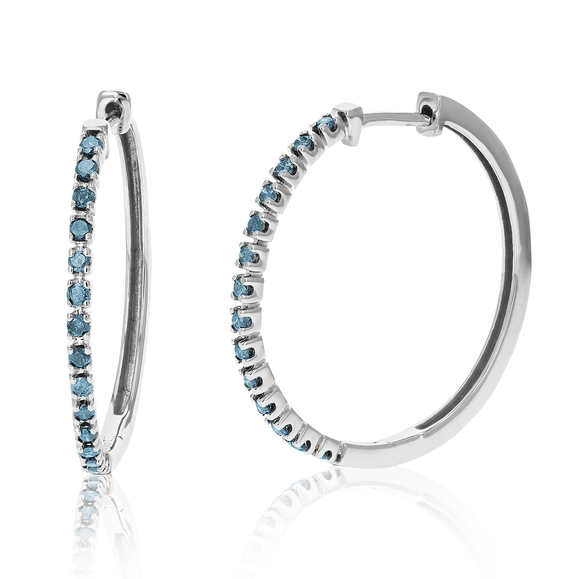 1/2 cttw Blue Diamond Hoop Earrings .925 Sterling Silver 28 Stones Dangle 1.10 Inch