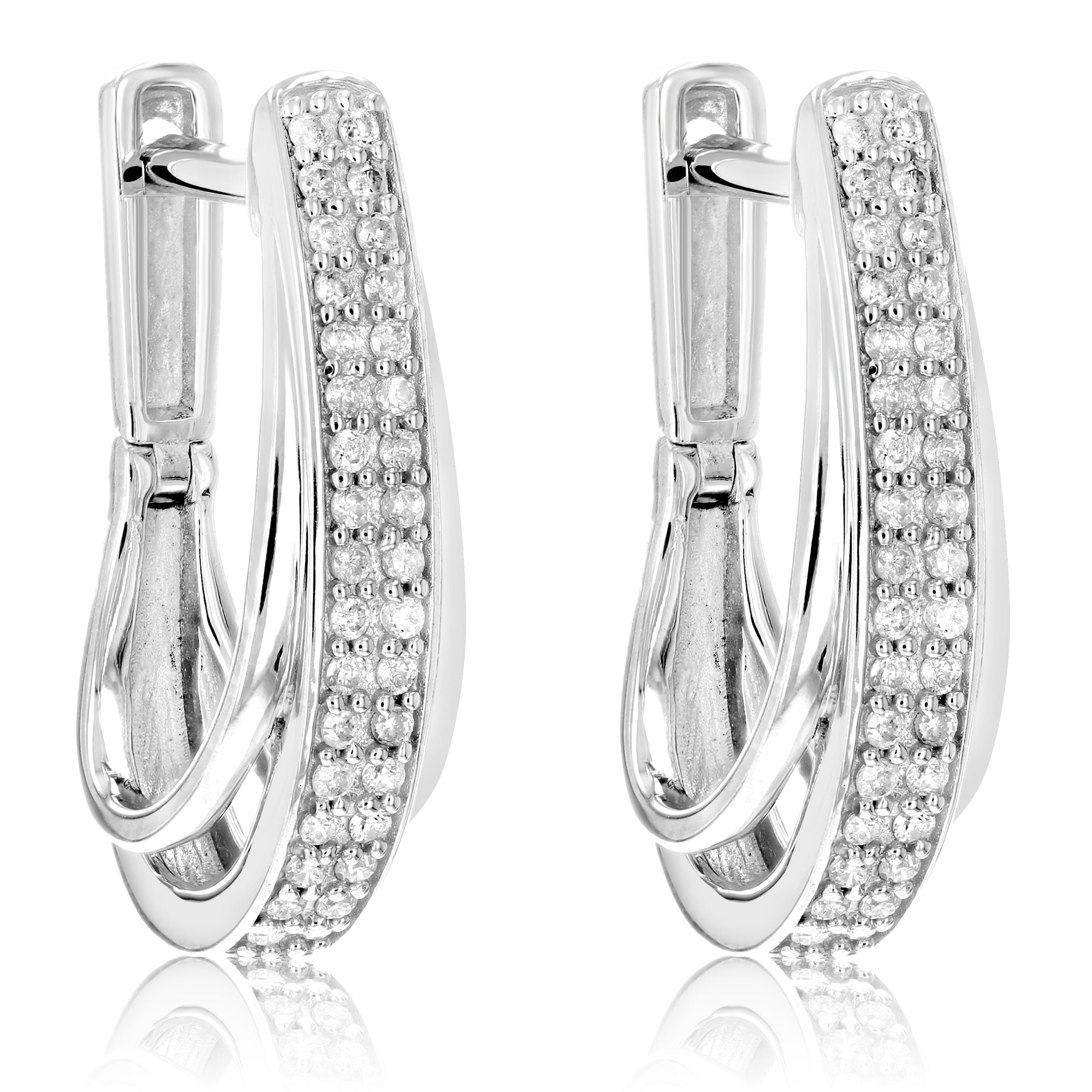 1/4 cttw Diamond Hoop Earrings .925 Sterling Silver 60 Stones Dangle 3/4 Inch