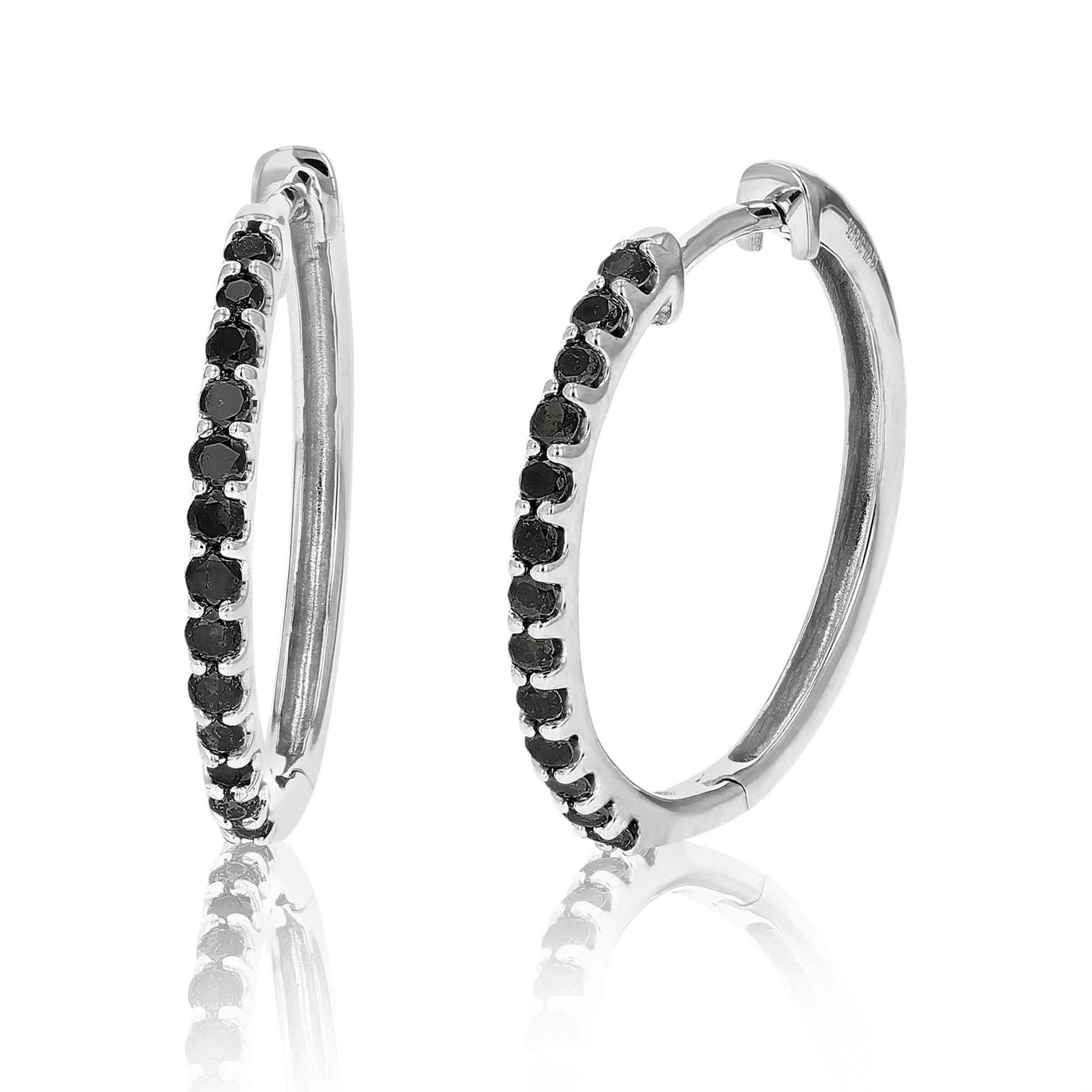 1/2 cttw Black Diamond Hoop Earrings .925 Sterling Silver 26 Stones Dangle 3/4 Inch