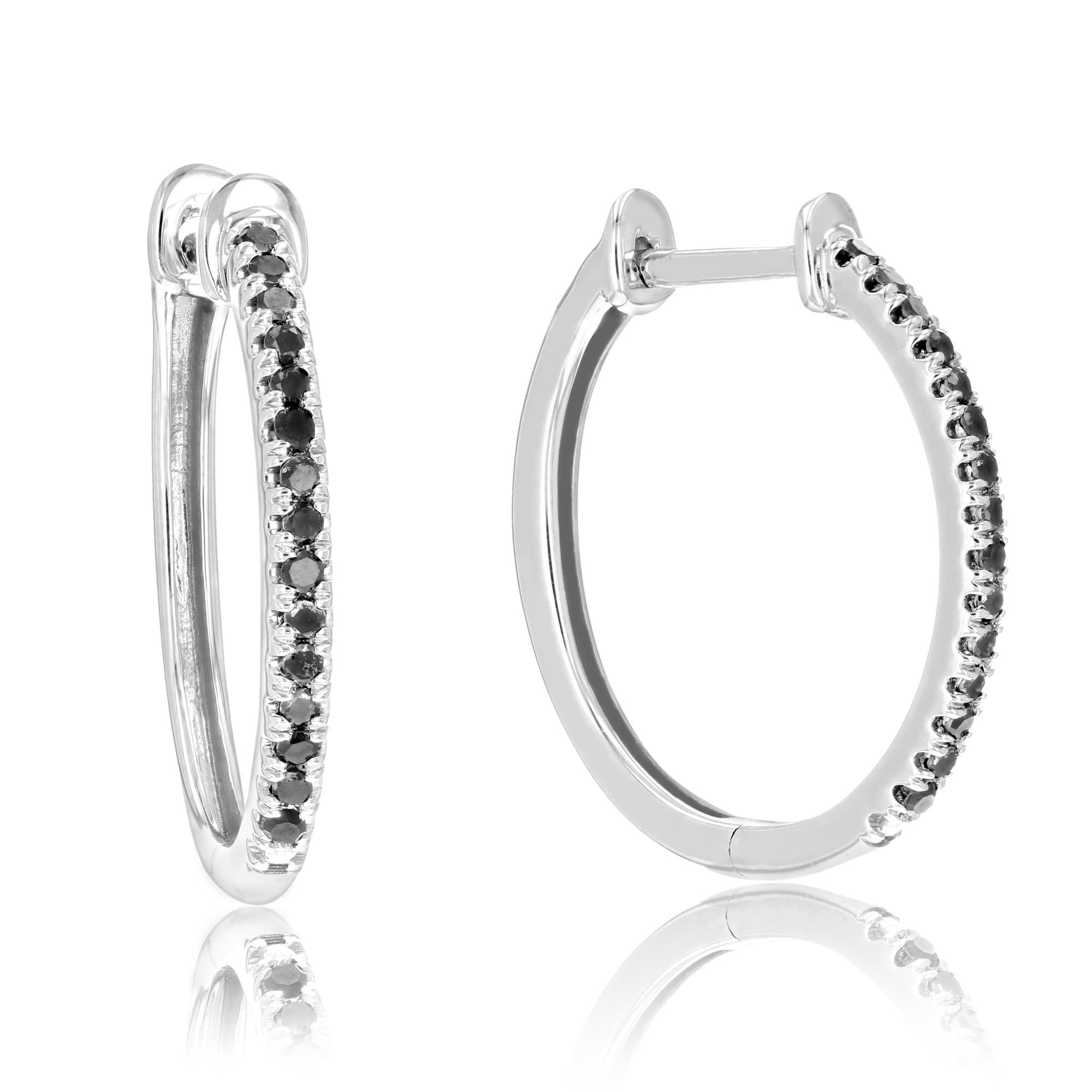 1/4 cttw Black Diamond Hoop Earrings .925 Sterling Silver 30 Stones 3/4 Inch