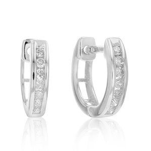 1/4 cttw Diamond Hoop Earrings .925 Sterling Silver Channel Set Round 1/2 Inch