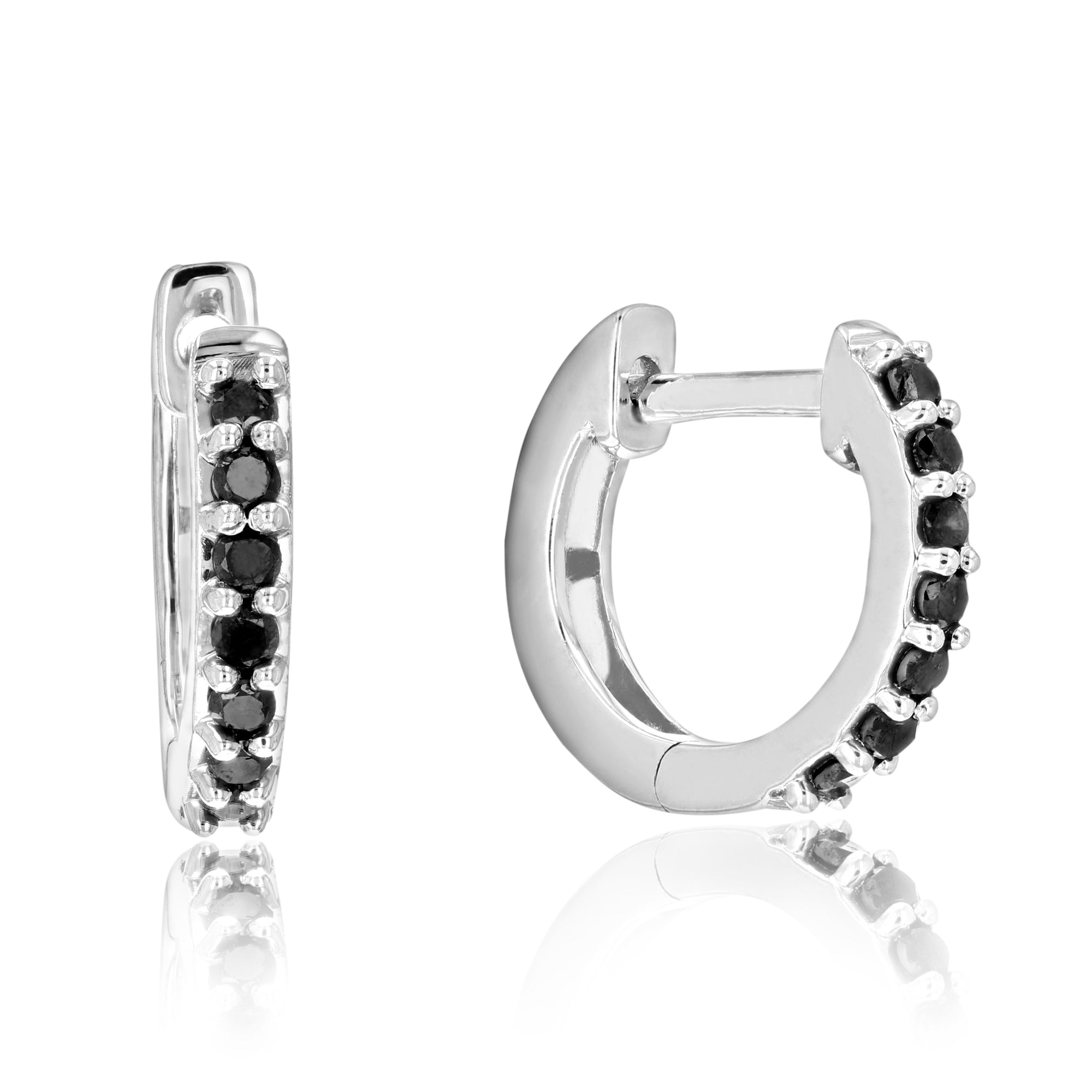 1/4 cttw Black Diamond Hoop Earrings .925 Sterling Silver 14 Stone Prong 1/2 Inch