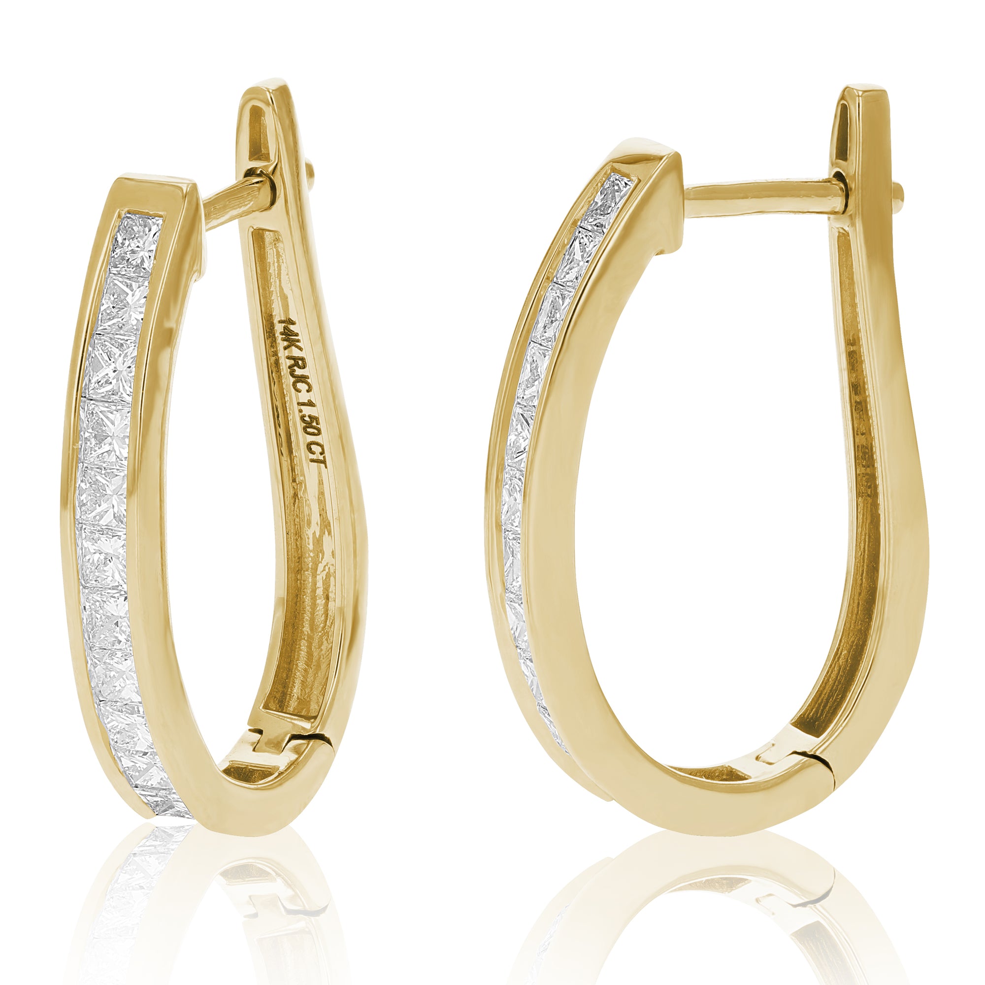 1.50 cttw Princess Cut Diamond Hoop Earrings 14K Yellow Gold Channel Set 0.66 inch