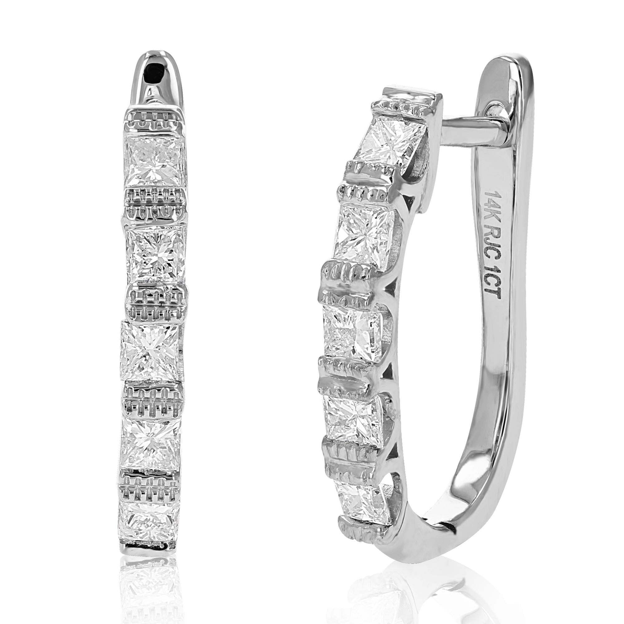 1 cttw Princess Diamond Hoop Earrings 14K White Gold Milgrain Channel Set 0.59 inch