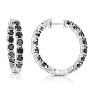4 cttw Black Diamond Hoop Earrings in .925 Sterling Silver with Rhodium 1 Inch
