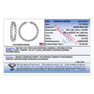 3 cttw I1-I2 Certified Diamond Inside Out Hoop Earrings 14K White Gold 1 inch