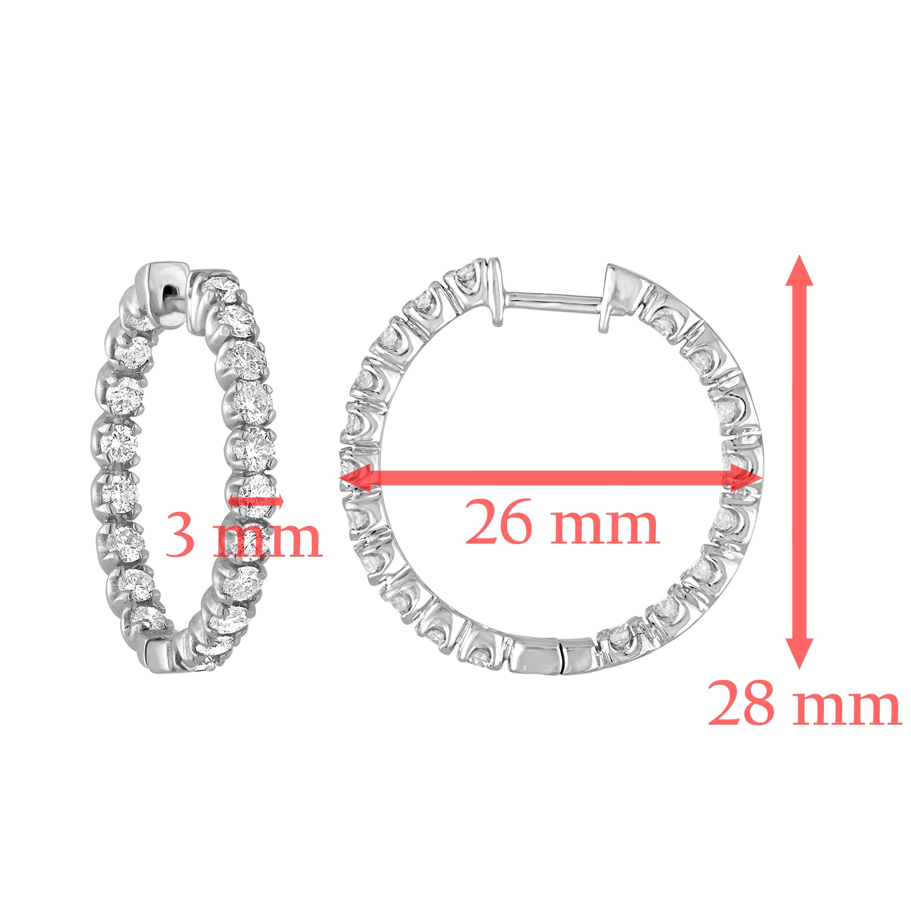 3 cttw I1-I2 Certified Diamond Inside Out Hoop Earrings 14K White Gold 1 inch
