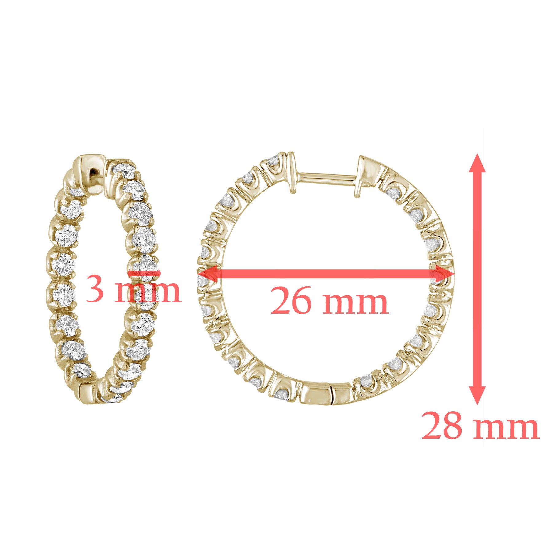 3 cttw SI2-I1 Diamond Inside Out Hoop Earrings 14K Yellow Gold Round 1 inch