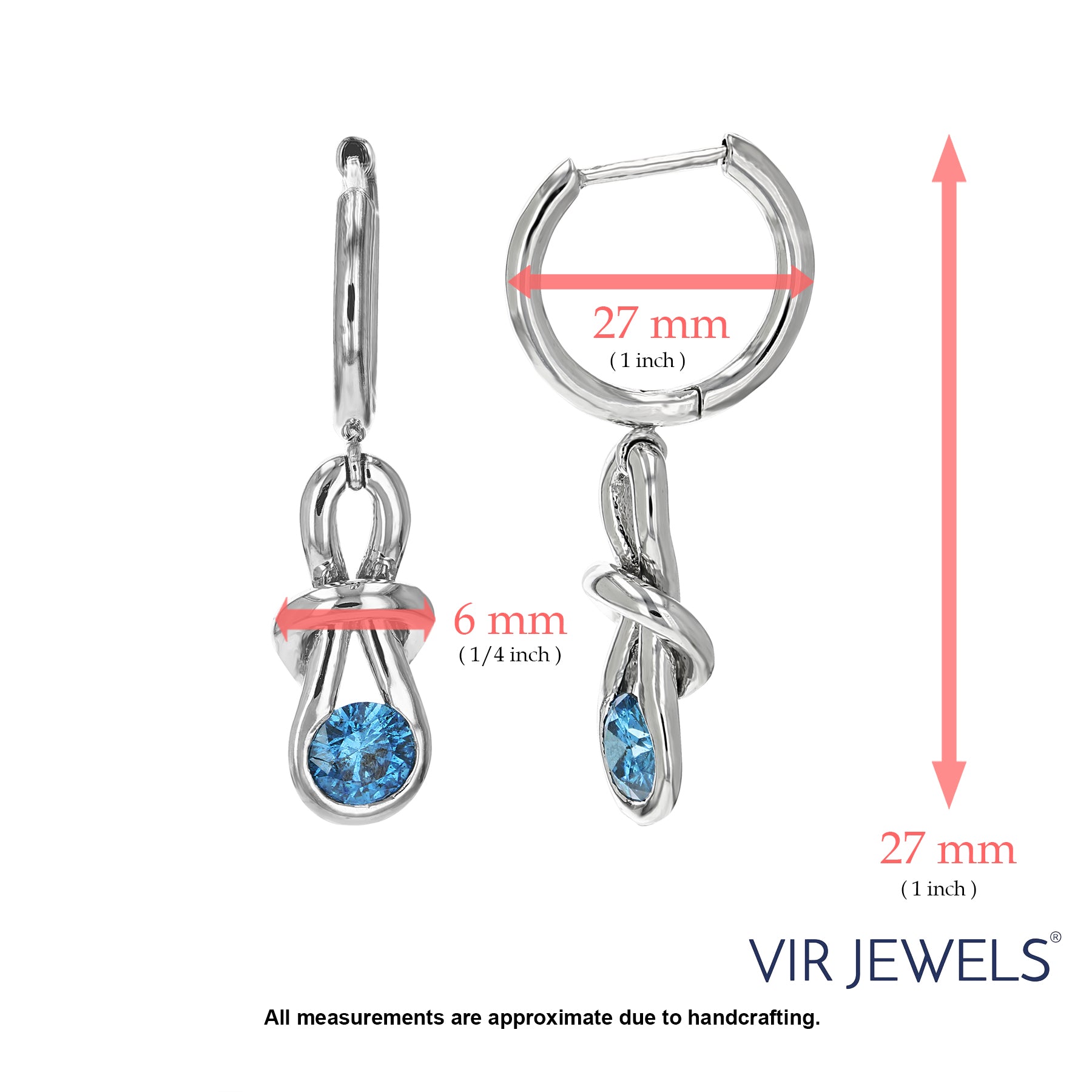 1/2 cttw Blue Diamond Dangle Earrings 14K White Gold Round Knot Design 1 Inch