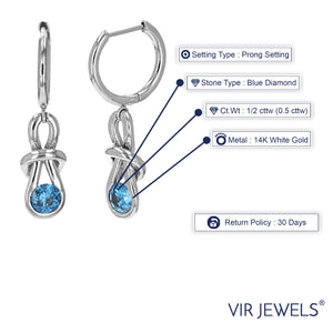 1/2 cttw Blue Diamond Dangle Earrings 14K White Gold Round Knot Design 1 Inch