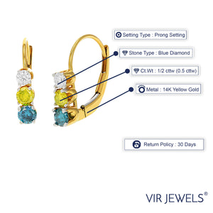 1/2 cttw Multi Diamond Hoop Earrings 14K Yellow Gold Blue, Yellow and White