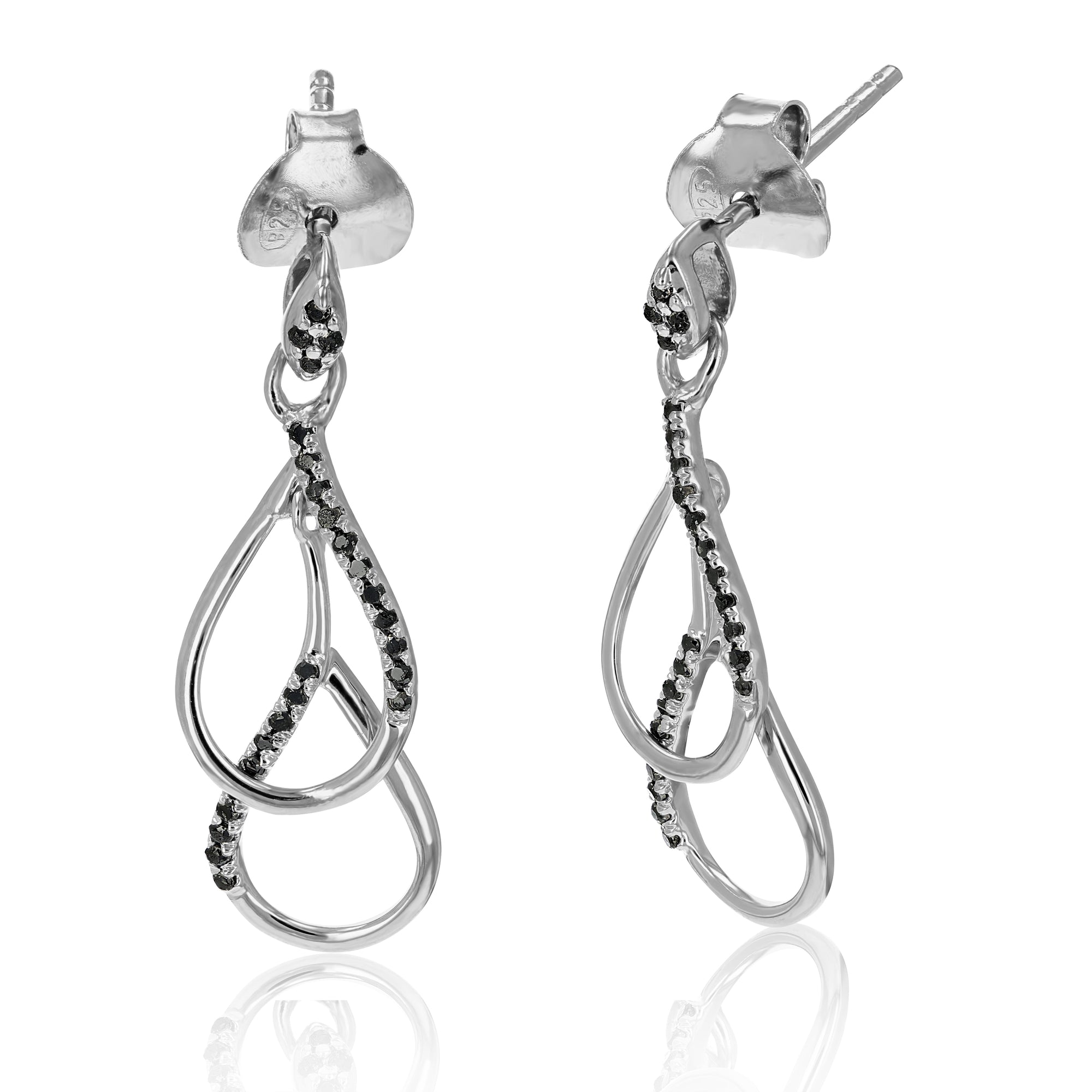 0.16 cttw Black Diamond Dangle Earrings .925 Sterling Silver Prong Set 3/4 Inch