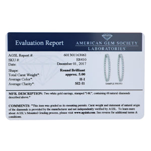 5 cttw Certified SI2-I1 Clarity Diamond Hoop Earrings 14K White Gold I-J 1.38 inch