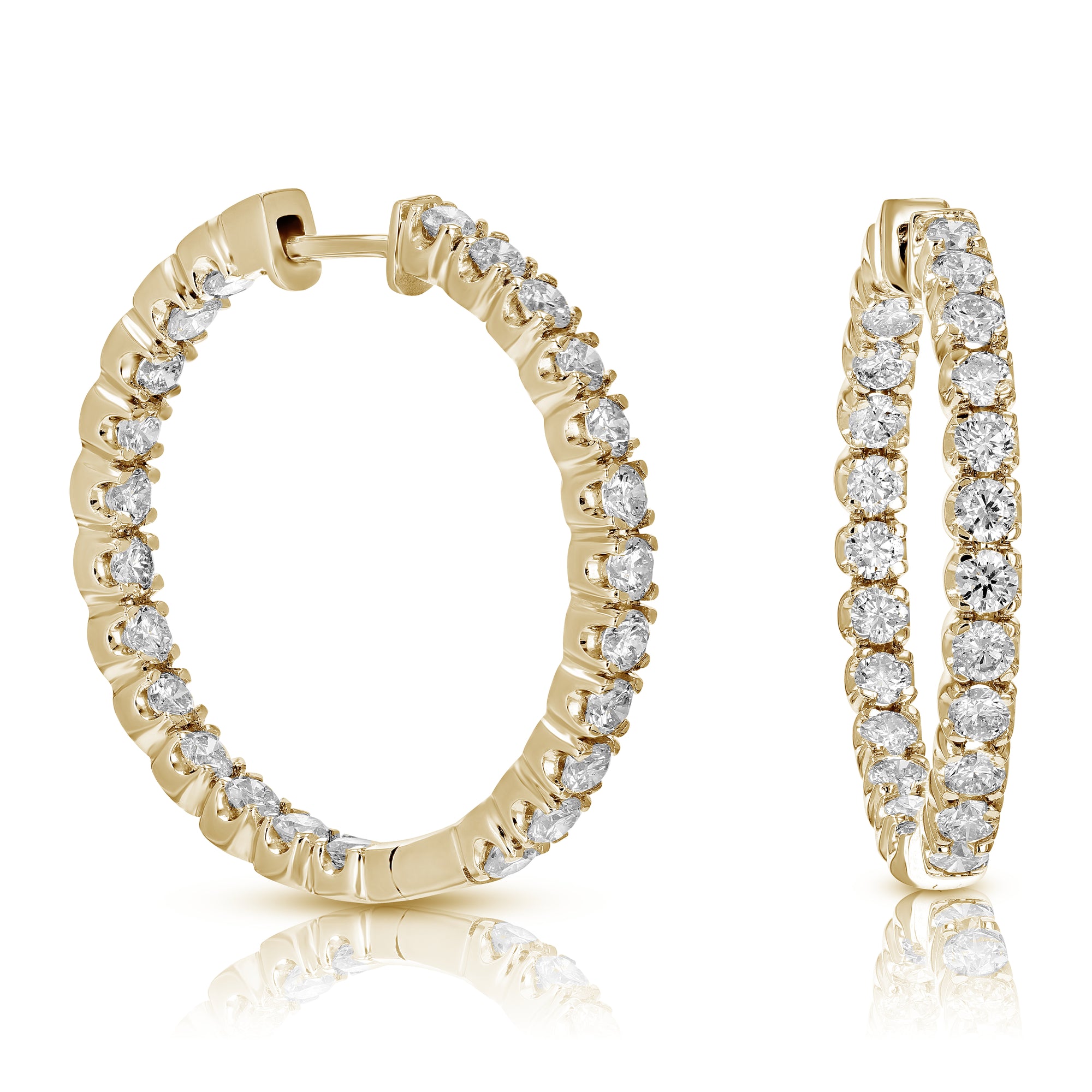 4 cttw Diamond Hoop Earrings 14K Yellow Gold Round Prong Inside Out 1.30 inch