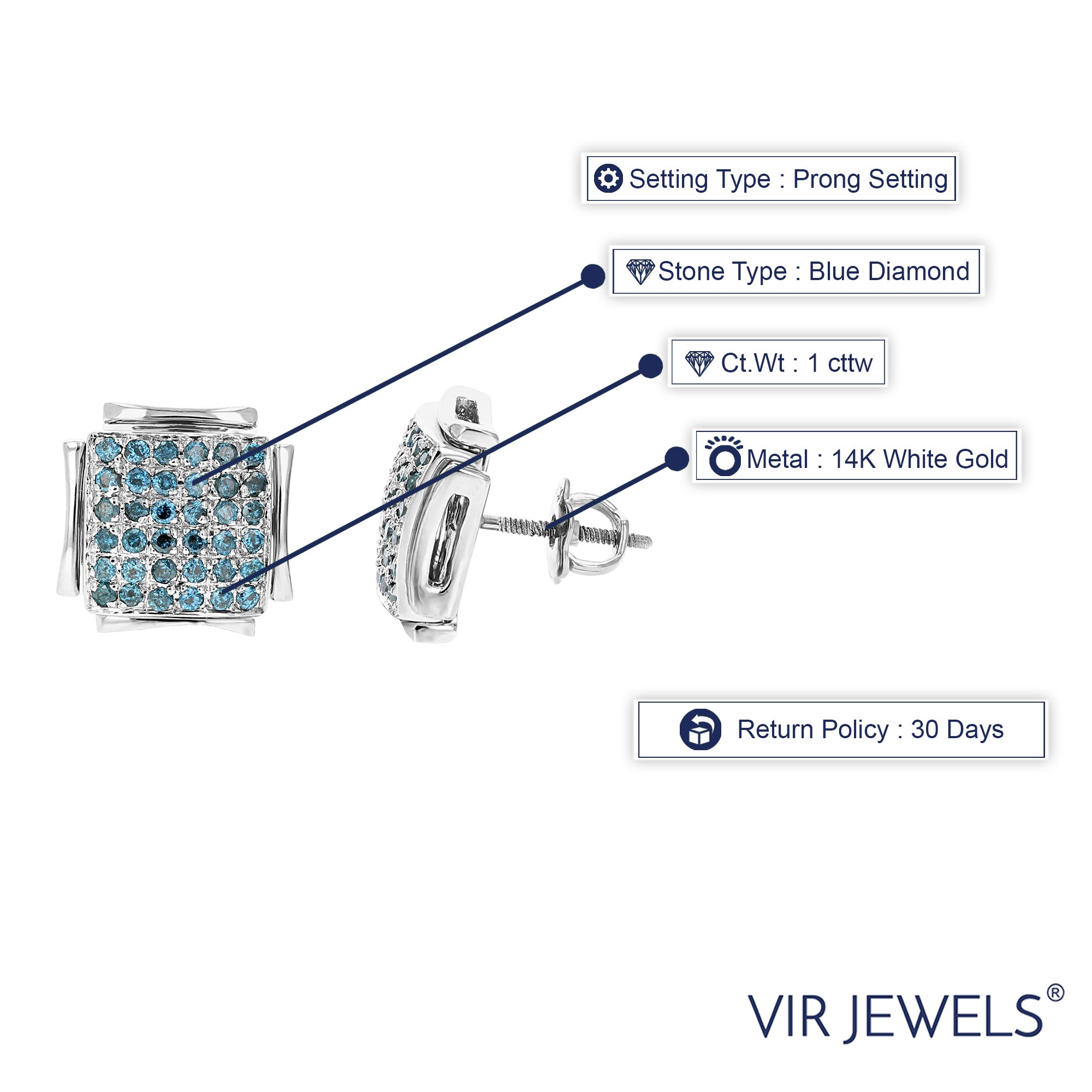 1 cttw Cluster Composite Blue Diamond Stud Earrings 14k White Gold Screw Backs