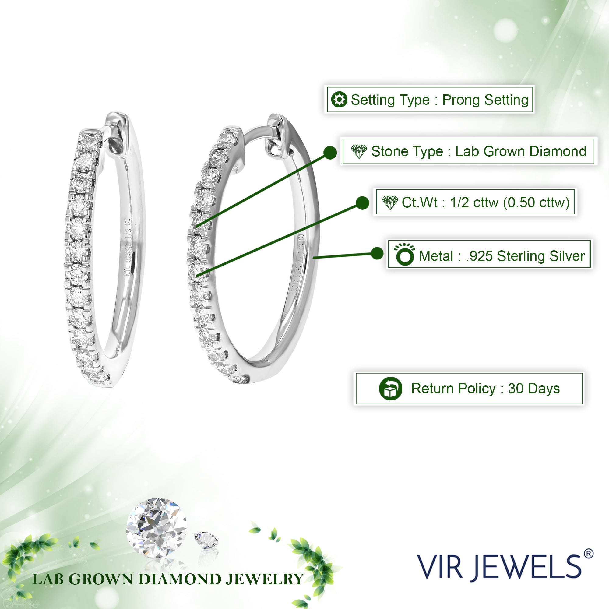1/2 cttw Diamond Hoop Earrings for Women, Round Lab Grown Diamond Earrings in .925 Sterling Silver, Prong Setting, 3/4 Inch