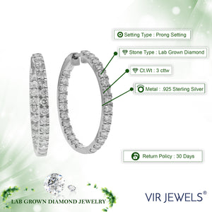 3 cttw Diamond Hoop Earrings for Women, Round Lab Grown Diamond Earrings in .925 Sterling Silver, Prong Setting, 1 Inch