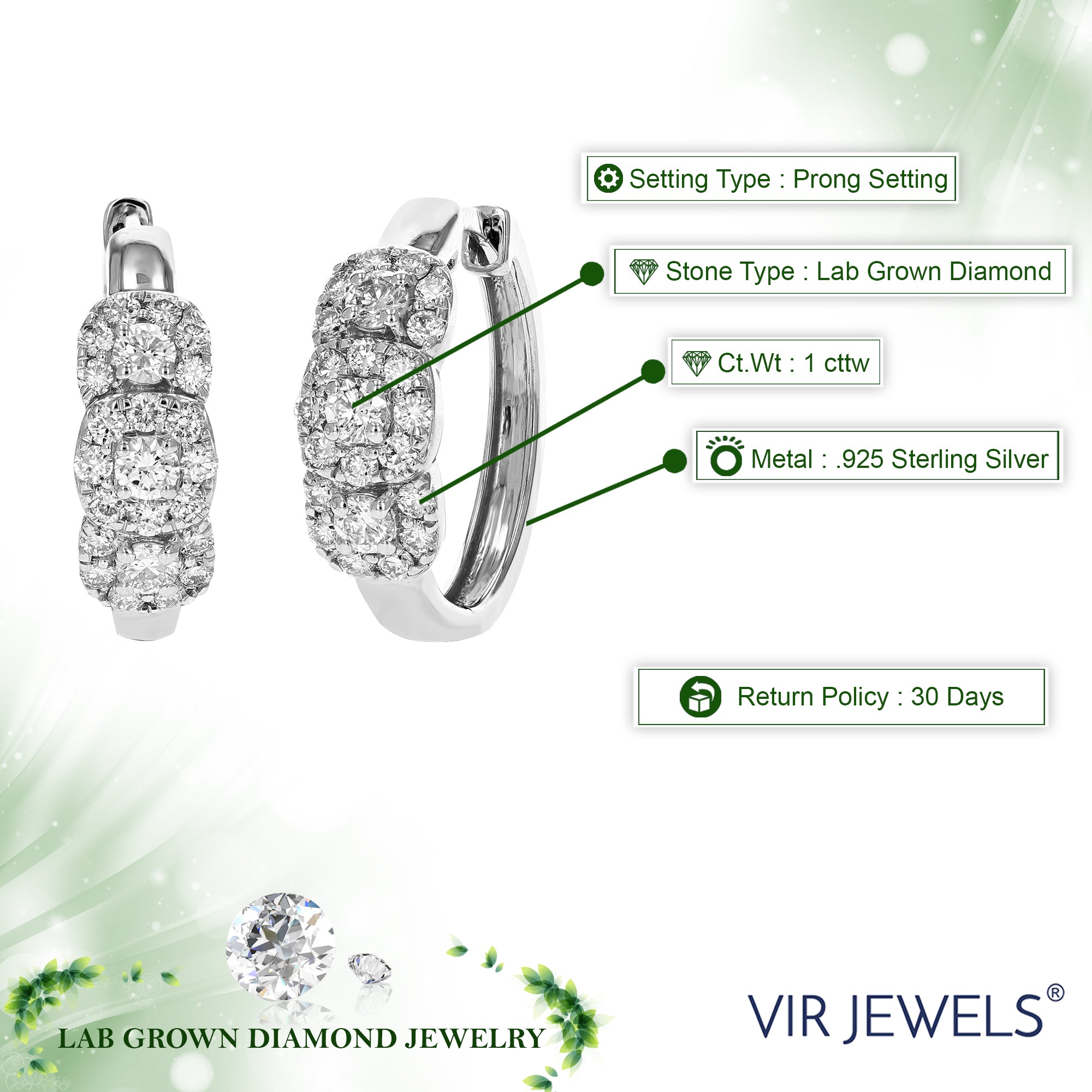 1 cttw Diamond Hoop Earrings for Women, Round Lab Grown Diamond Earrings in .925 Sterling Silver, Prong Setting, 3/4 Inch
