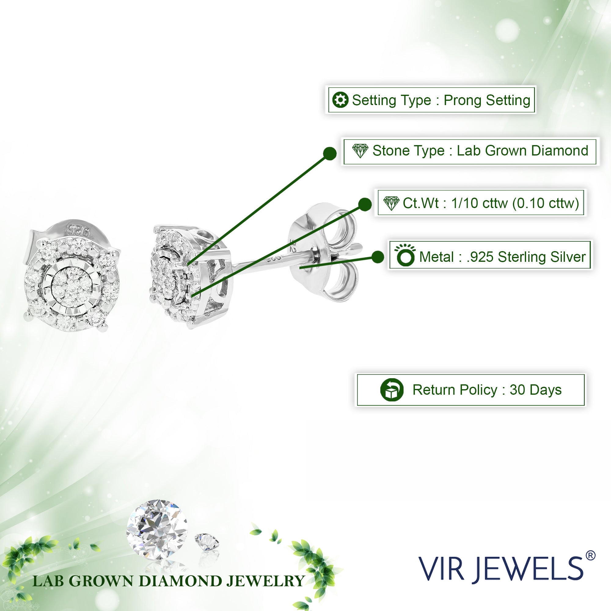 1/10 cttw Stud Earrings for Women, Round Lab Grown Diamond Stud Earrings in .925 Sterling Silver, Prong Setting