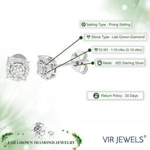 1/10 cttw Stud Earrings for Women, Round Lab Grown Diamond Stud Earrings in .925 Sterling Silver, Prong Setting