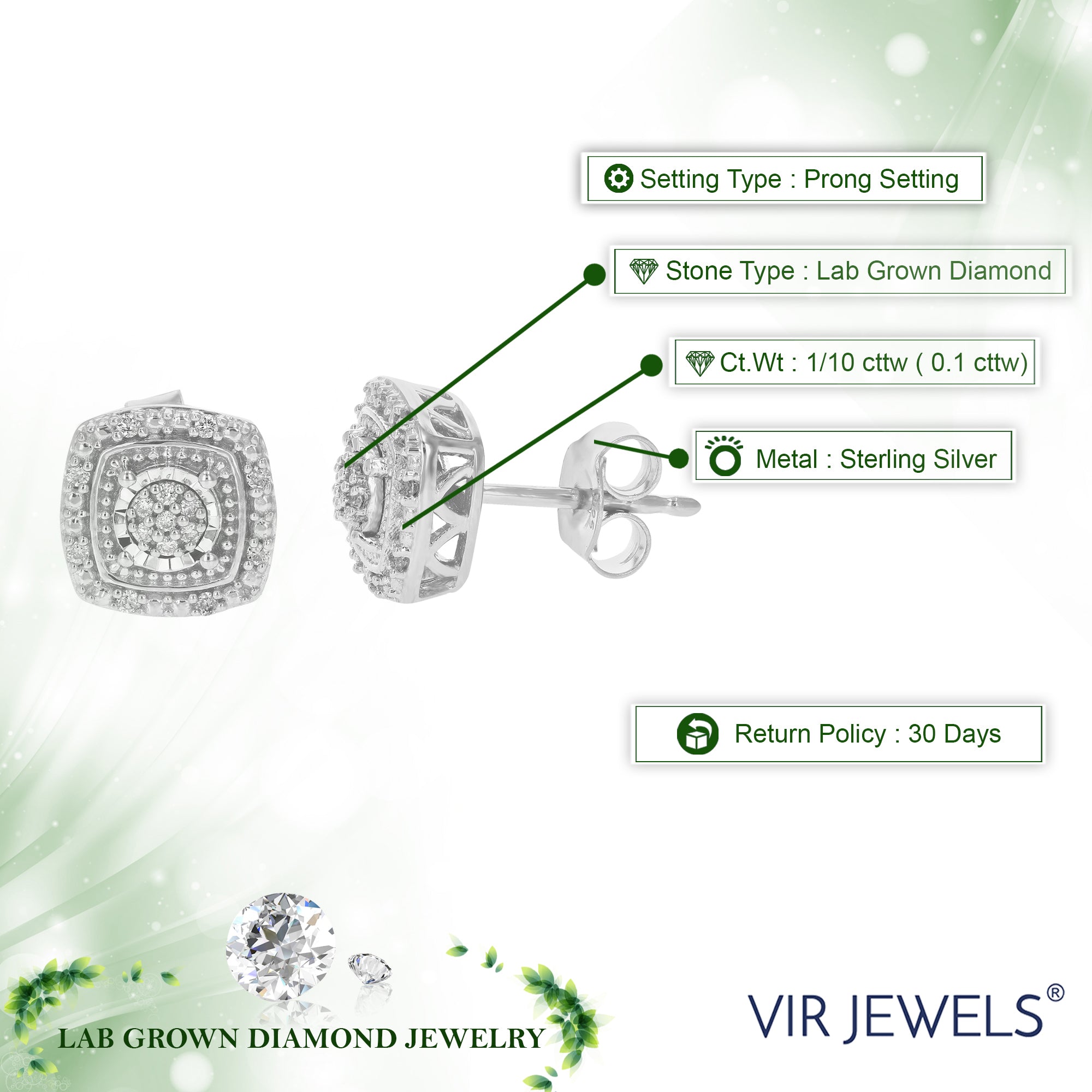 Composite Diamond Cushion Stud Earrings