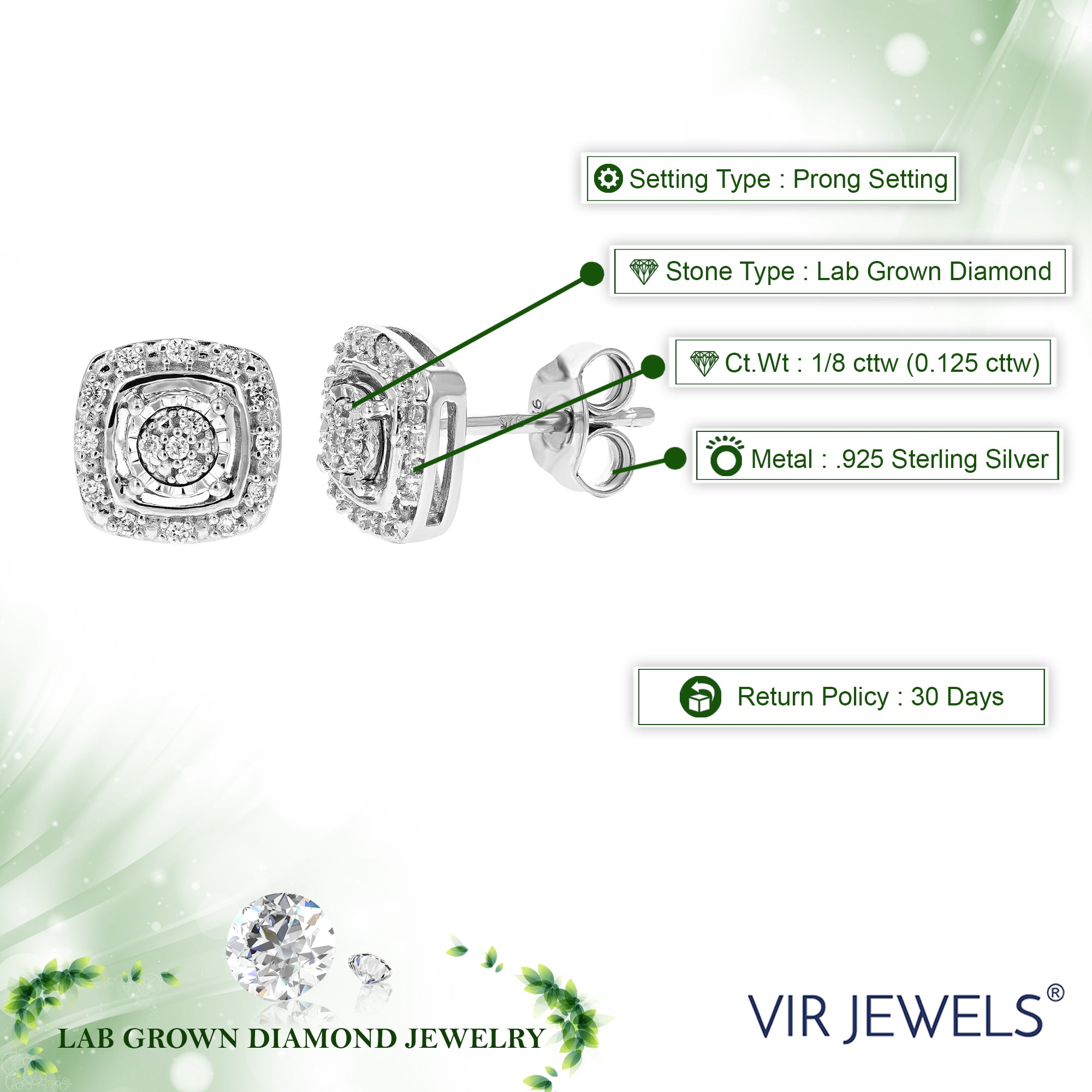 1/8 cttw Stud Earrings for Women, Round Lab Grown Diamond Stud Earrings in .925 Sterling Silver, Prong Setting