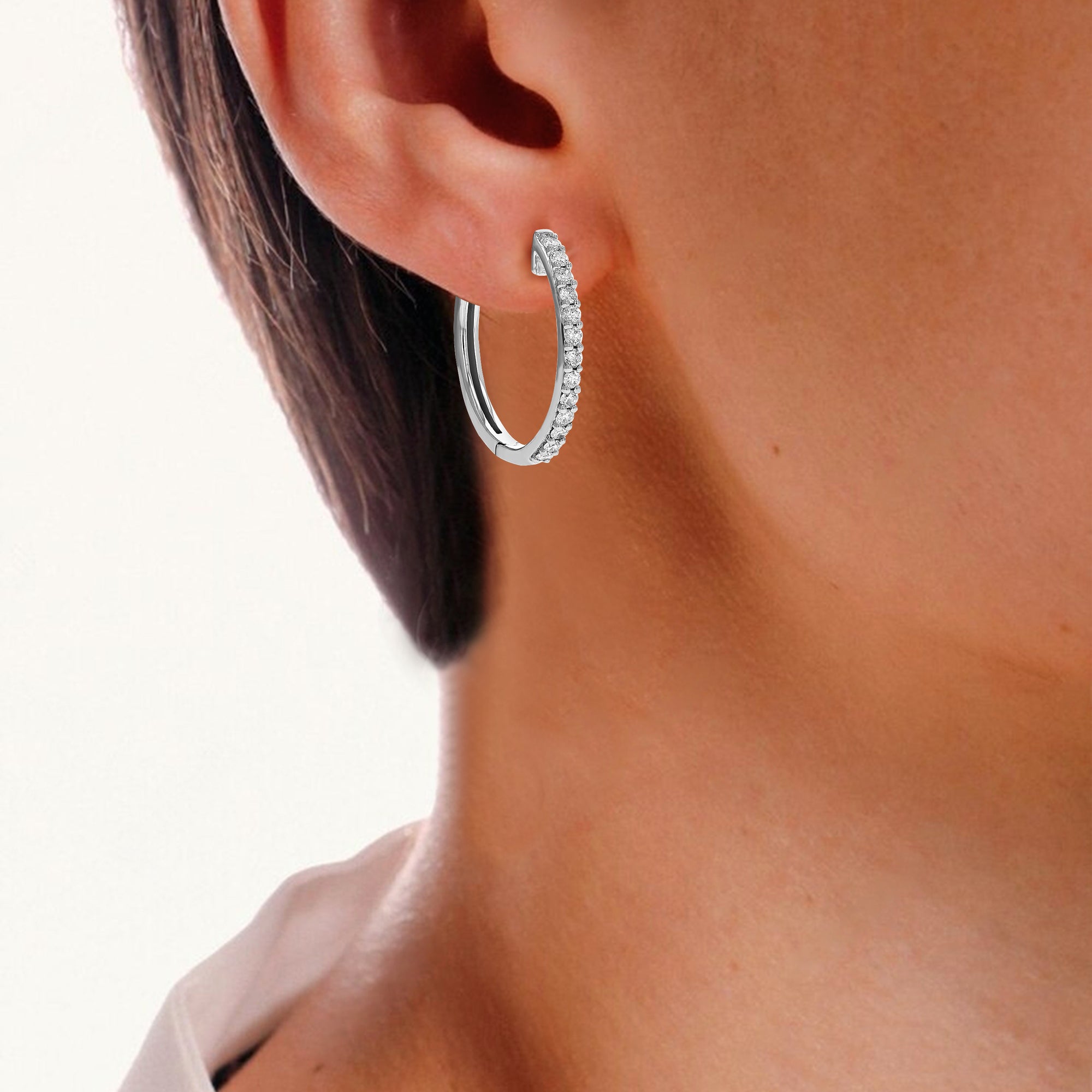 1/2 cttw Diamond Hoop Earrings for Women, Round Lab Grown Diamond Earrings in .925 Sterling Silver, Prong Set, 3/4 Inch