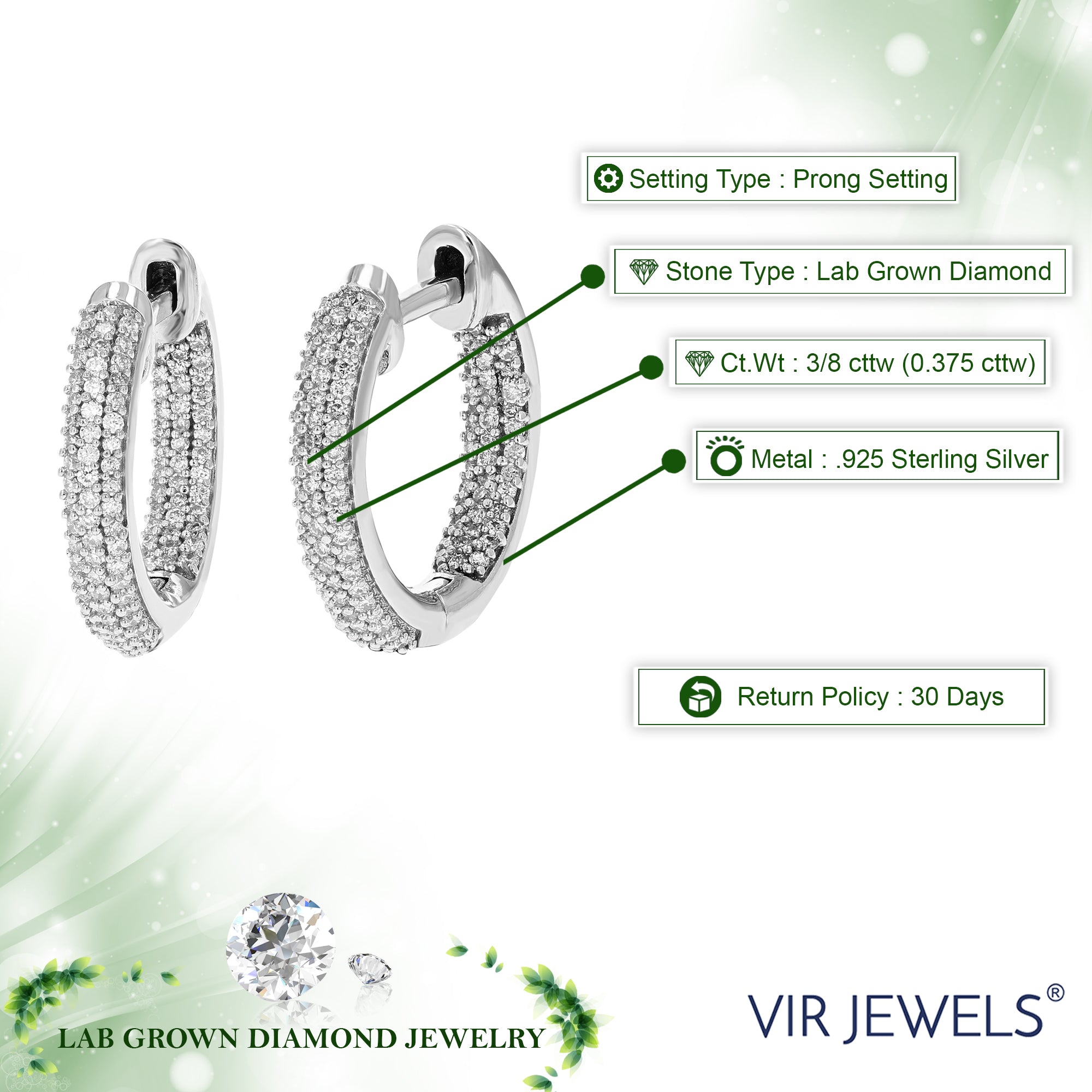 3/8 cttw Diamond Hoop Earrings for Women, Round Lab Grown Diamond Earrings in .925 Sterlinng Silver, Prong Setting, 2/3 Inch