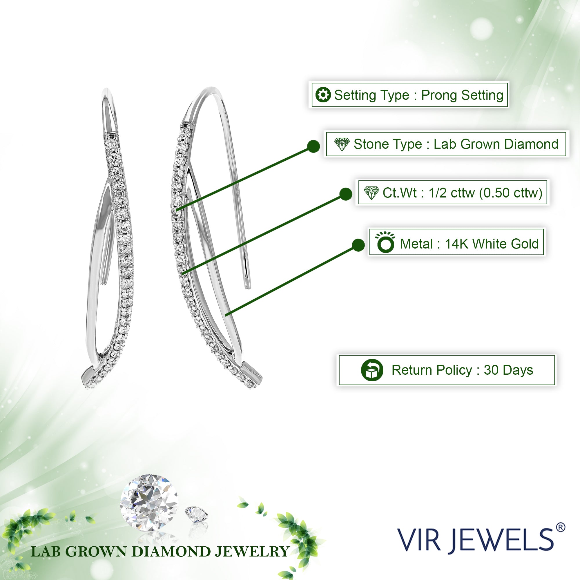 1/2 cttw 50 Stones Round Lab Grown Diamond Hoop Earrings 14K White Gold Prong Set 1/5 Inch