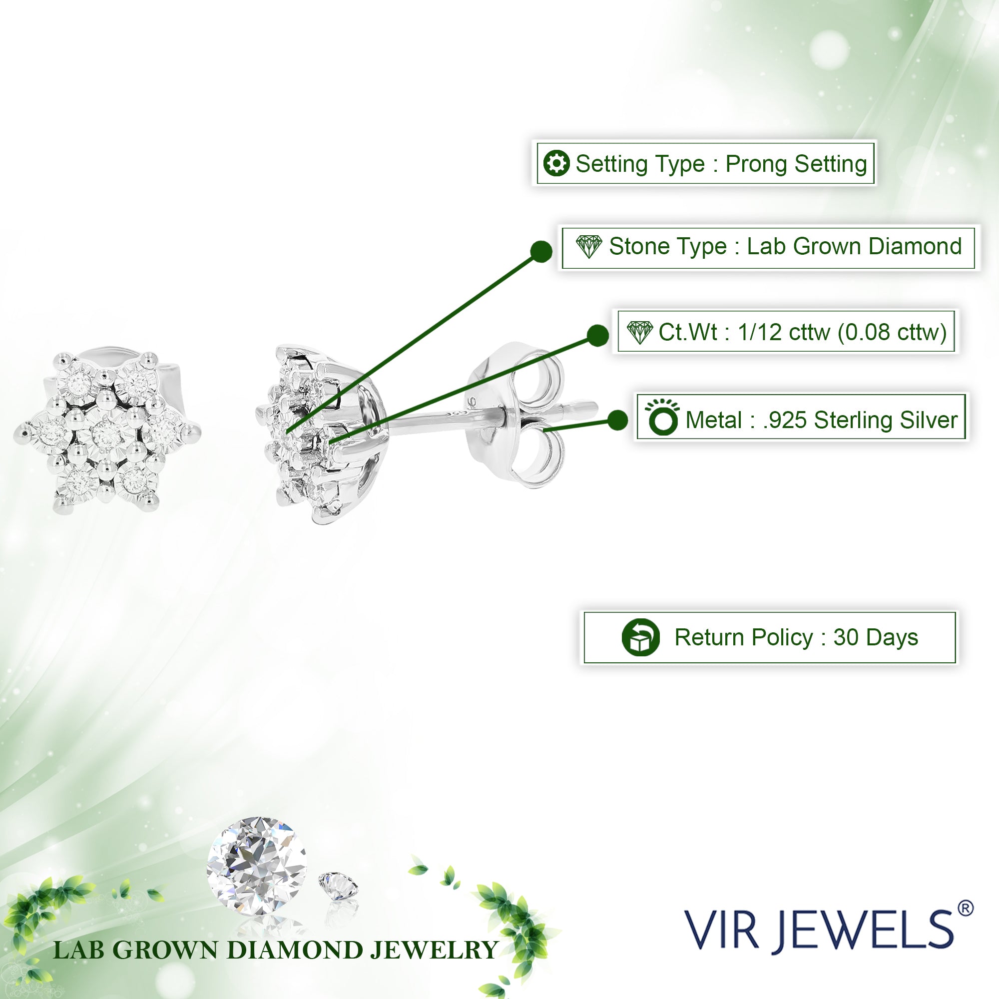 1/12 cttw Stud Earrings for Women, Round Lab Grown Diamond Stud Earrings in .925 Sterling Silver | Prong Setting