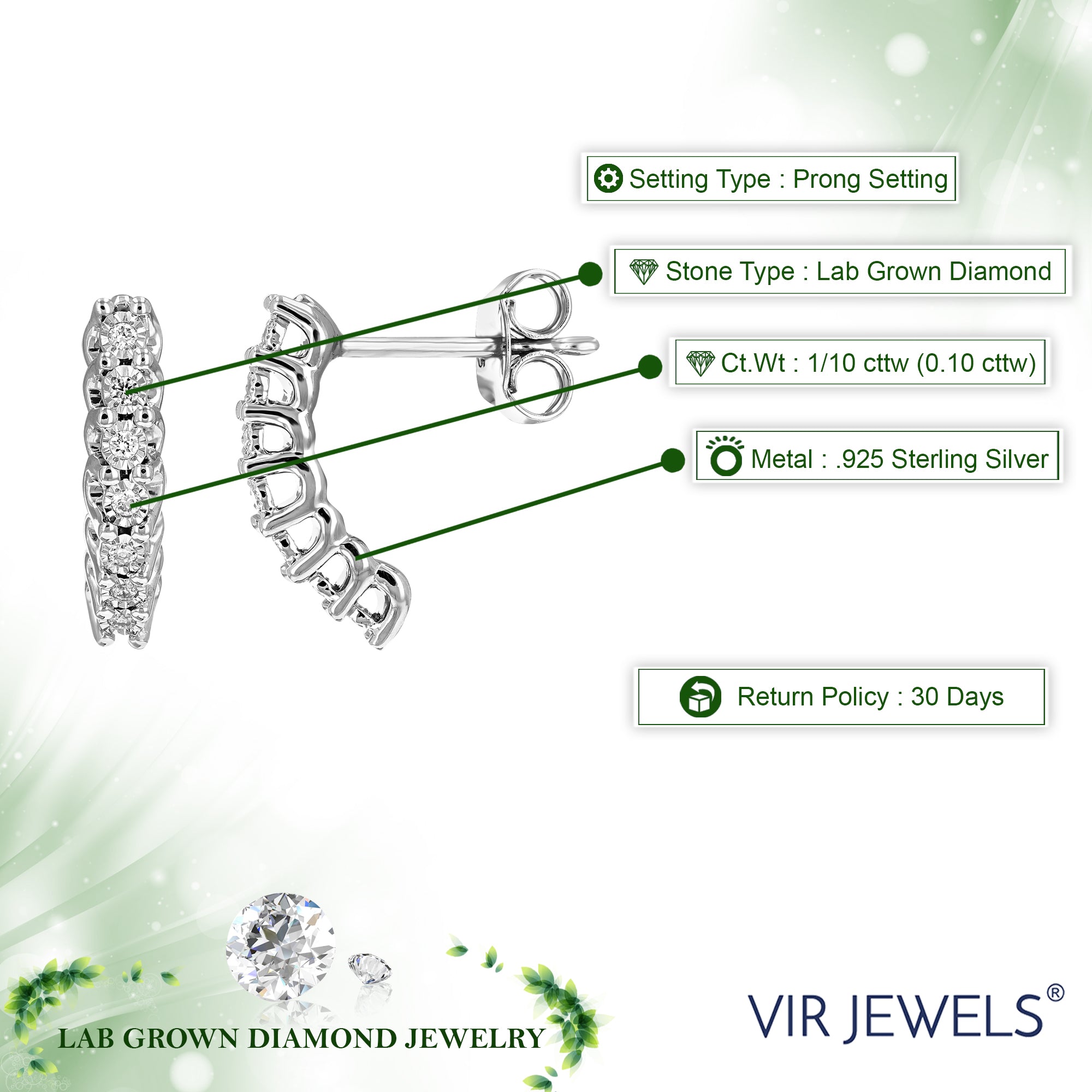 1/10 cttw 14 Stones Round Lab Grown Diamond Dangle Earrings .925 Sterling Silver Prong Set, 2/3 Inch