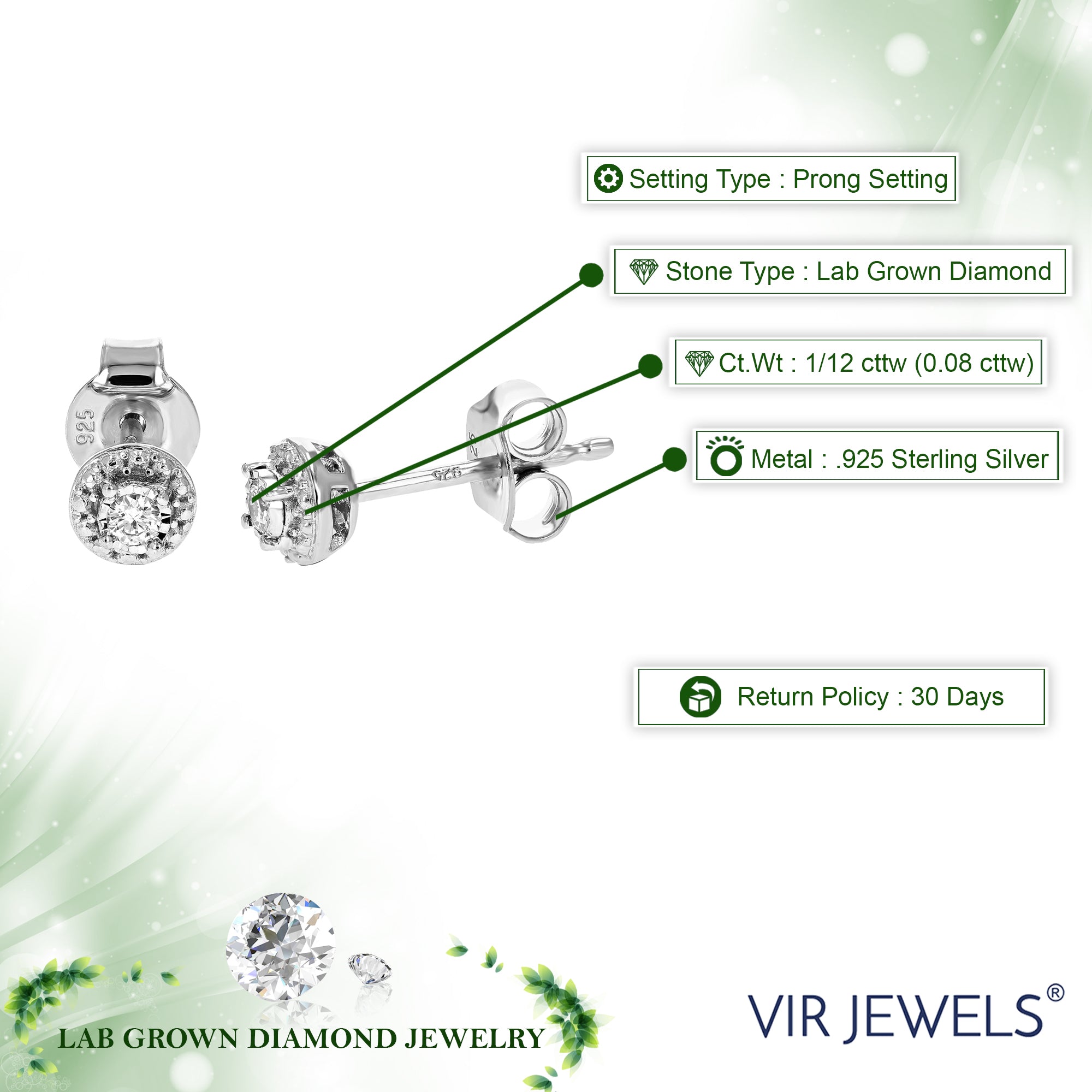 1/12 cttw Stud Earrings for Women, Round Lab Grown Diamond Stud Earrings in .925 Sterling Silver, Prong Setting