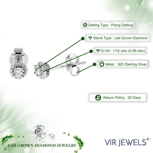 1/12 cttw Stud Earrings for Women, Round Lab Grown Diamond Stud Earrings in .925 Sterling Silver, Prong Setting