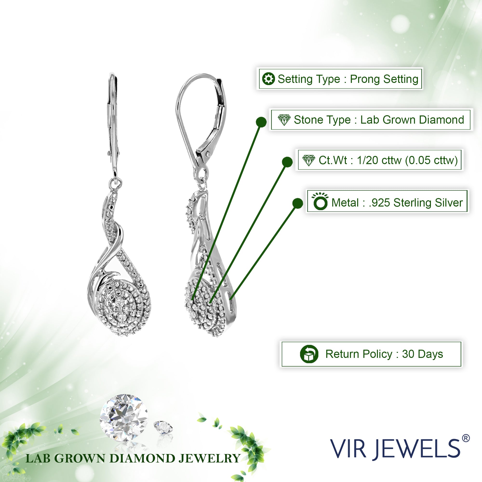 1/20 cttw 4 Stones Round Lab Grown Diamond Dangle Earrings .925 Sterling Silver Prong Set, 2/5 Inch