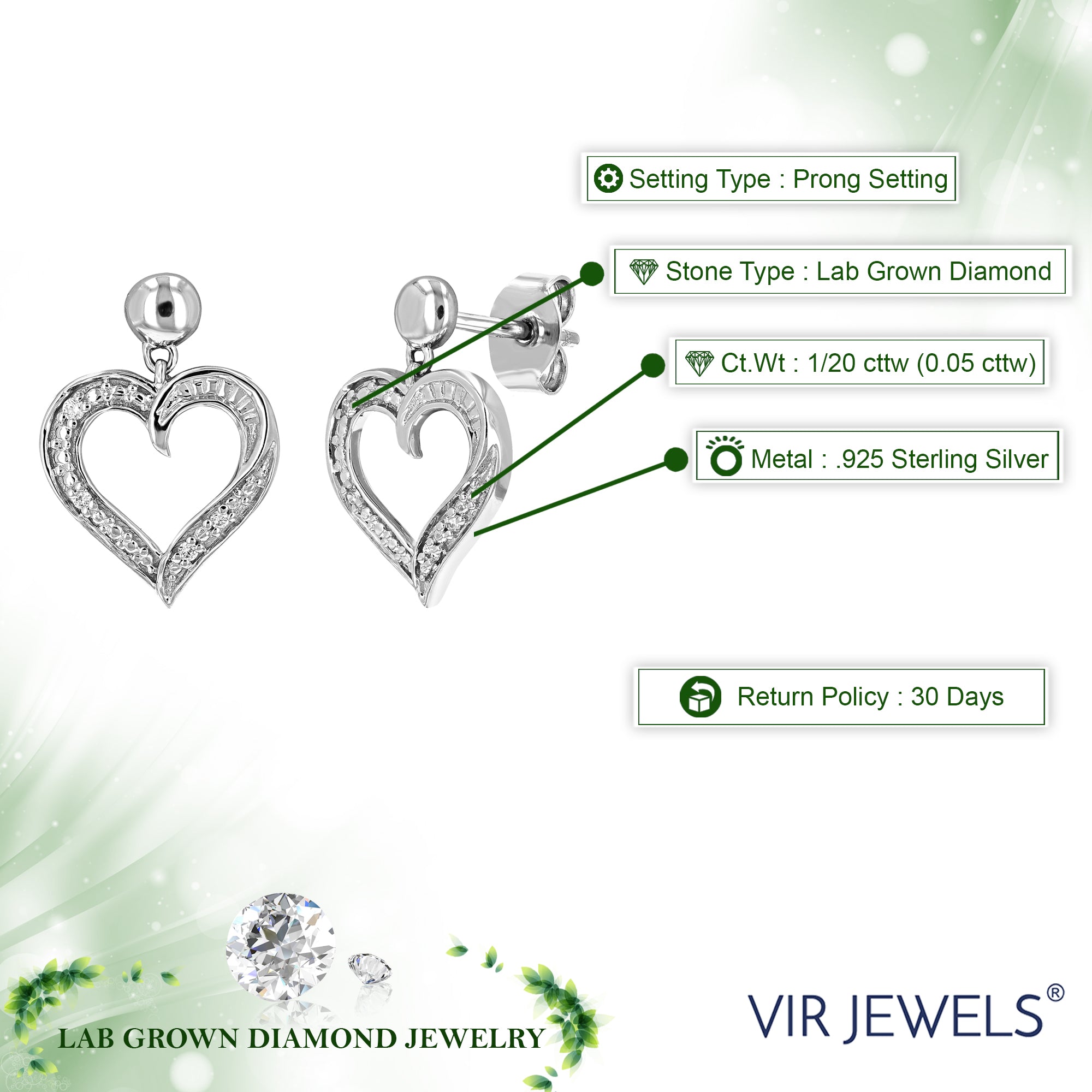 1/20 cttw 8 Stones Round Lab Grown Diamond Dangle Earrings .925 Sterling Silver Prong Set, 1/2 Inch